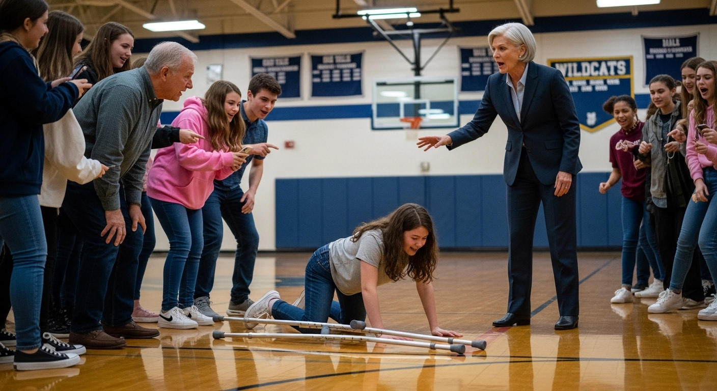 They Laughed While My Granddaughter Crawled For Her Crutches In Front Of The Whole Gym — Then a silver-haired woman from the back bleachers said, “That’s enough.”