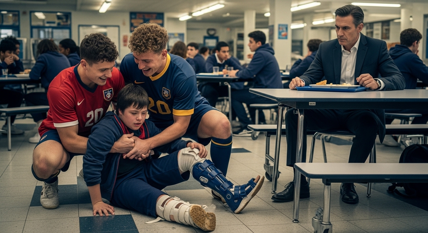 Two Rich Soccer Players Pinned My Disabled Best Friend To The Cafeteria Floor And Ripped Off His Leg Braces For Laughs — They Didn’t Know The Quiet Man At Table 6 Was A Federal Prosecutor, His Father.