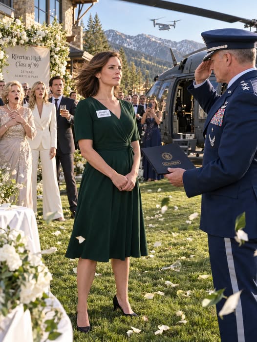 “THEY LAUGHED AT MY $30 THRIFT-STORE DRESS AT THE REUNION: UNTIL A BLACK HAWK HELICOPTER CRASHED THE LAWN AND A TWO-STAR GENERAL DROPPED TO ONE KNEE BEFORE THE 'GOVERNMENT CLERK' AT TABLE 19”