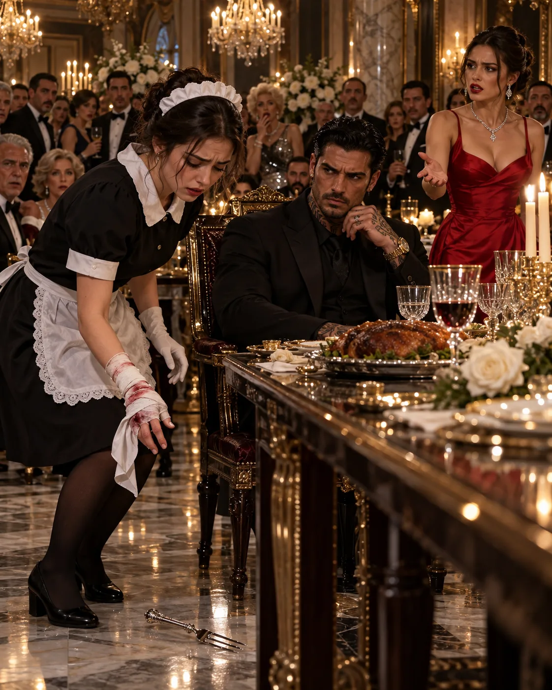 THE MAFIA BOSS WATCHED ME DROP THE SILVER CARVING FORK IN FRONT OF THIRTY GUESTS—THEN HIS FIANCÉE SAID, “SHE CAUGHT HER HAND IN THE PANTRY DOOR,” BEFORE HE EVEN ASKED WHY I WAS HURT.  The fork struck the porcelain platter with a terrible metallic sound.  Thirty guests turned toward me.