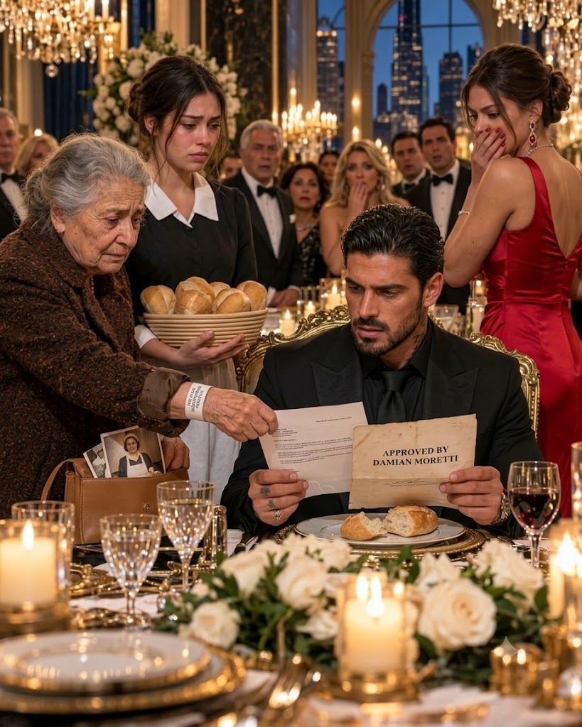 THE MAFIA BOSS’S FIANCÉE TOLD ME TO KEEP AN OLD CLEANER’S HOMEMADE LASAGNA AWAY FROM THE DINNER TABLE BECAUSE “SHE’S STAFF, NOT FAMILY”—BUT WHEN VINCENT ROMANO TASTED IT, HE ASKED WHO HAD MADE HER PAY TO ATTEND HIS FATHER’S MEMORIAL.  “She can leave it by the sink.”  Celeste Marchesi didn’t look at the old woman.  She looked at me.  In my hands was a dented metal baking tin.  Inside lay a lasagna wrapped in foil.  A little tomato sauce had leaked onto the towel beneath it.  “It’s for Vincent,” the woman said.  Celeste adjusted the diamond bracelet on her wrist.  “Mr. Romano.”  The woman nodded.  “Of course.”  Her name was Ada Ferri.  She was seventy-five.  For thirty-two years, she had cleaned the Romano family home.  Tonight, she wore her best black dress under an old wool coat.  At her collar was a small silver brooch.  “I made his father’s favorite,” she said.  Celeste glanced toward the dining room.  “This is a private memorial dinner.”  “I received an invitation.”  “An invitation to pay your respects. Not to join the family table.”  Ada’s fingers tightened around her purse.  My name is Grace Miller.  I was twenty-nine and had worked in the house for six months.  I had spent all afternoon polishing silver.  Now I stood holding food made by a woman who wasn’t being offered a chair.  “I can ask Mr. Romano,” I said.  Celeste stepped between me and the doorway.  “You can follow instructions.”  Ada touched my elbow.  “Don’t risk your job, sweetheart.”  She reached into her purse.  “I only need a receipt before I go.”  Celeste’s expression changed.  “For what?” I asked.  Ada looked confused.  “The contribution.”  Celeste answered quickly.  “The memorial fund.”  Ada nodded.  “Five thousand dollars.”  I nearly dropped the tin.  Celeste lowered her voice.  “Grace. Kitchen.”  I carried the lasagna away.  But I didn’t leave it by the sink.  Twenty minutes later, Vincent Romano sat at the head of the table.  A photograph of his father stood beside an arrangement of white flowers.  Guests spoke softly over their plates.  I placed a small serving of lasagna before him.  Celeste saw the sauce.  “Grace, we already have a menu.”  Vincent picked up his fork.  “Then we have one more dish.”  He tasted it.  His eyes moved toward the kitchen door.  “Is Ada here?”  “Yes, sir.”  “Why hasn’t anyone brought her in?”  Celeste folded her napkin.  “She didn’t want to interrupt.”  Ada was still waiting in the hallway.  Vincent went to her himself.  “You came.”  “I wouldn’t miss it.”  He looked at the tin in my hands.  “You remembered.”  Ada smiled.  “Your father always wanted the corner piece.”  Vincent laughed once.  Then his eyes filled.  “He said it was the only part worth fighting over.”  He brought her to the table.  Celeste moved her handbag onto the empty chair beside her.  Vincent picked it up and handed it back.  “Ada sits here.”  I fetched another place setting.  Ada took off her coat.  A small envelope slipped from its pocket.  Vincent bent to retrieve it.  Across the front was written:  MEMORIAL CONTRIBUTION — PAID.  He looked at Ada.  “What is this?”  She glanced at Celeste.  “My payment.”  “For what?”  “The dinner.”  Vincent stared at her.  “You paid to come here?”  Celeste leaned forward.  “It was a donation.”  Ada shook her head.  “You said there was a minimum.”  Silence spread down the table.  Vincent turned to Celeste.  “A minimum?”  “To support the foundation.”  “What foundation?”  She opened her mouth.  Then closed it.  Ada looked from one face to another.  “I didn’t mind helping. I just thought I should get a receipt.”  Vincent opened the envelope.  Inside was a bank deposit slip.  He read the account name.  MARCHESI PRIVATE EVENTS.  Celeste’s company.  “This didn’t go to a foundation.”  “I paid for the flowers,” she said.  Vincent looked at the arrangements.  Then at Ada.  “Where did you get five thousand dollars?”  Ada smoothed her napkin.  “I had some savings.”  Celeste exhaled.  “There. No one forced her.”  Ada kept her eyes lowered.  “Not quite enough savings.”  Vincent waited.  “I sold something.”  “What?”  “The watch your father gave me when I retired.”  Vincent’s hand stopped on the envelope.  Ada tried to smile.  “He always said it was valuable.”  At the far end of the table, an elderly man put down his glass.  Then a woman opened her evening bag.  She withdrew an envelope identical to Ada’s.  “I was told there was a minimum, too,” she said.  Vincent looked around the table.  “Who else paid?”  One hand rose.  Then another.  Celeste pushed back her chair.  Vincent turned toward her.  “How many invitations did you sell?”