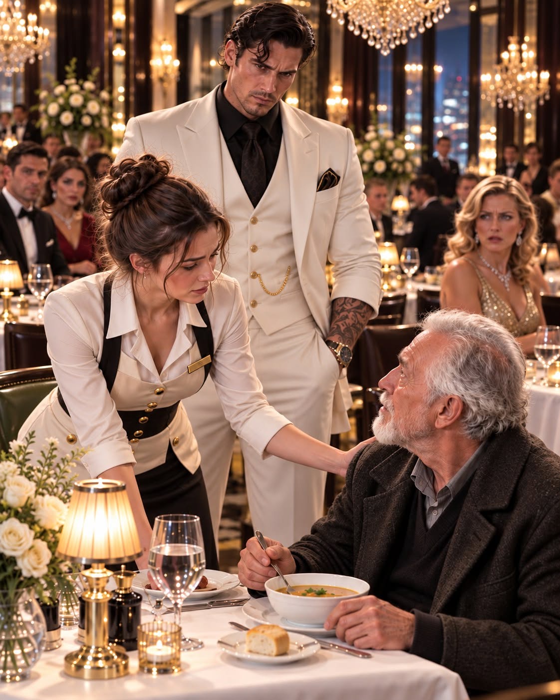 THE BILLIONAIRE HEIRESS FIRED ME FOR SERVING AN OLD MAN IN RAGS CHICKEN SOUP, BUT WHEN THE DOORS OPENED, THE CITY'S MOST POWERFUL MAN DROPPED TO HIS KNEES