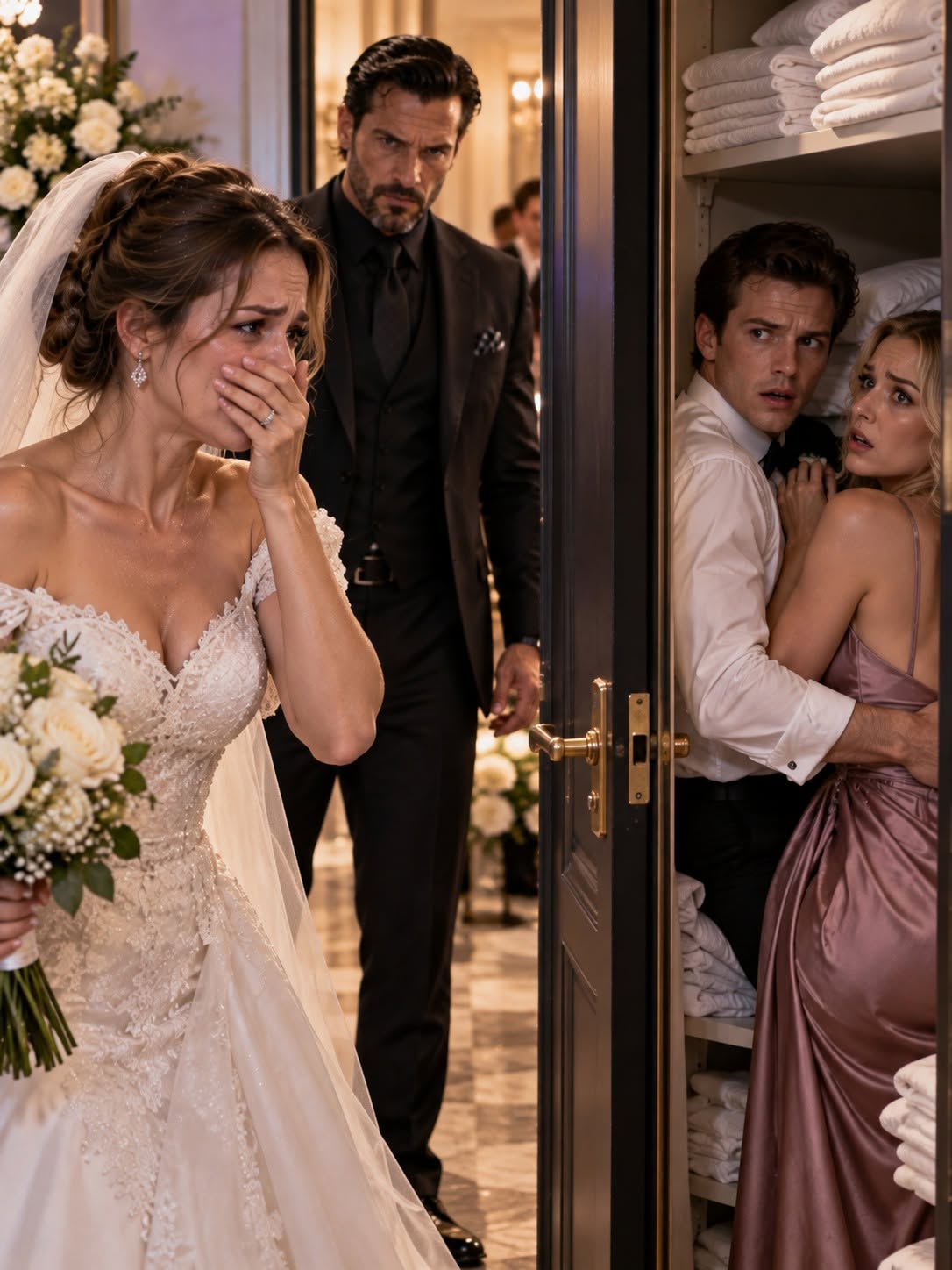 MY FIANCÉ WAS IN THE LINEN CLOSET WITH MY MAID OF HONOR ON OUR WEDDING DAY — UNTIL A RUTHLESS SYNDICATE BOSS CRASHED THE ALTAR WITH A BLOODY RECEIPT.
