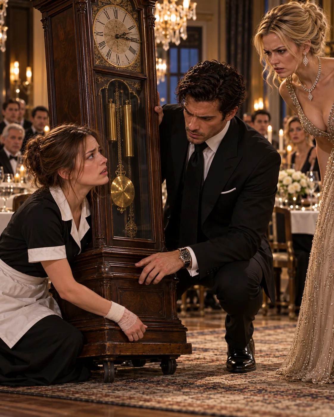 THE MAFIA BOSS SAW ME DRAG HIS DEAD FATHER’S GRANDFATHER CLOCK THROUGH THE ENGAGEMENT DINNER—THEN HIS FIANCÉE SAID, “SHE HURT HER WRIST IN THE LAUNDRY ROOM,” BEFORE HE EVEN ASKED