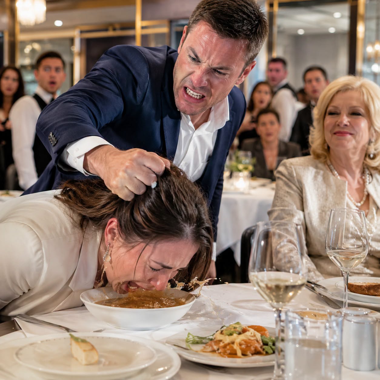 My son-in-law grabbed my daughter's hair right in front of everyone in the restaurant and forced her to bow her head. His mother laughed and said, "That's how you discipline your wife." My daughter cried like a frightened child... but when I stood up