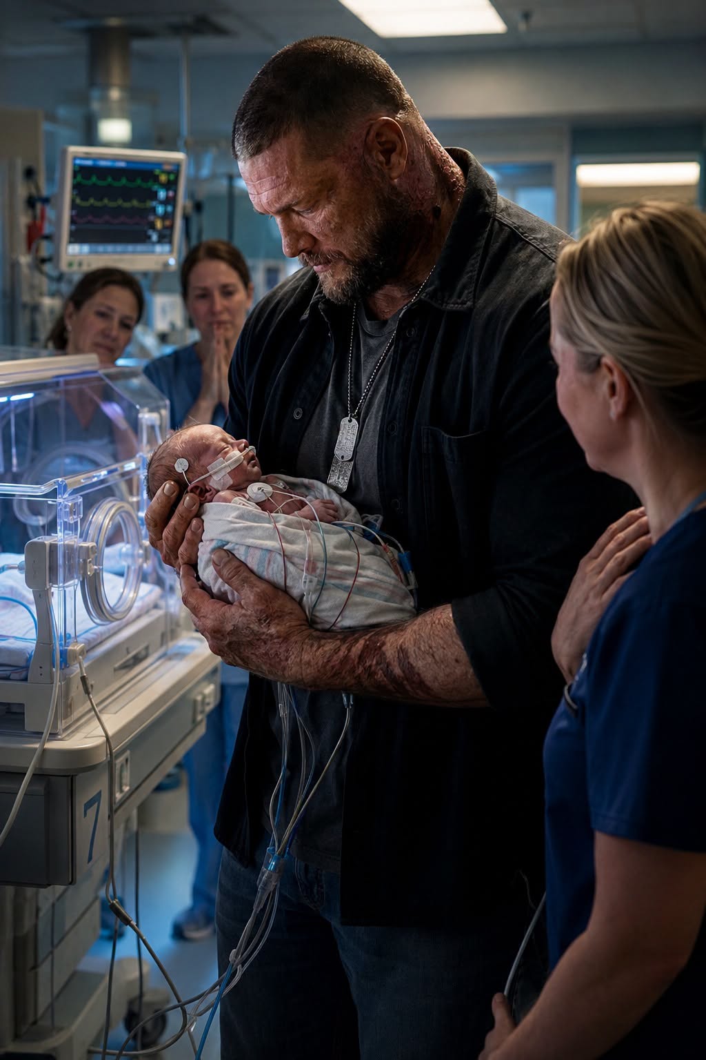A towering 6-foot-4 combat veteran with burn scars and permanently trembling hands quietly walked into our NICU. At first glance, he seemed completely out of place. Then the abandoned premature baby in bed seven—born exposed to drugs and left to fight alone—began crying uncontrollably. The veteran slowly approached the incubator. “Is she the little one who just needs someone to stay with her?” **he asked. I hesitated. But the instant he gently lifted her into his arms, I noticed the name engraved on his military dog tag... and the entire room fell silent.