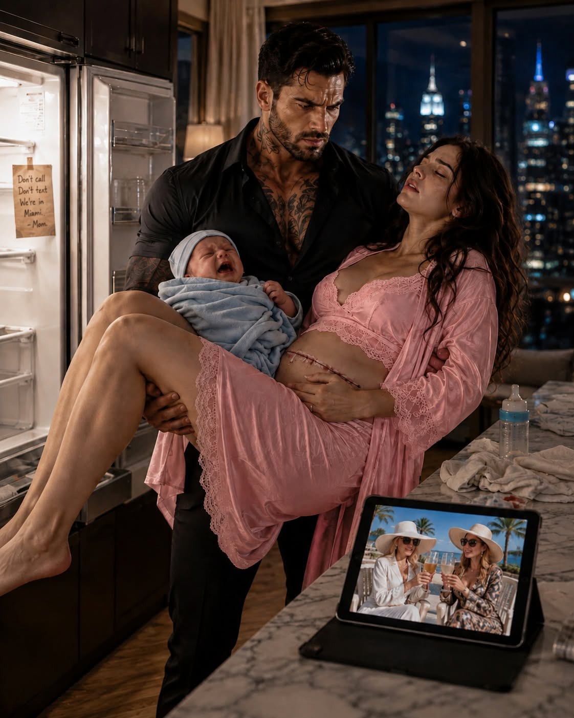 A notorious mafia boss returned home unexpectedly on New Year’s Eve and found his wife—just eleven days after a dangerous C-section—bleeding, starving, and barely conscious in a freezing apartment, while their newborn son shivered beneath a paper-thin blanket. His mother and sister had taken the $14,000 he sent for their care and fled to Miami—but when he checked the security footage, he realized neglect was only the beginning.