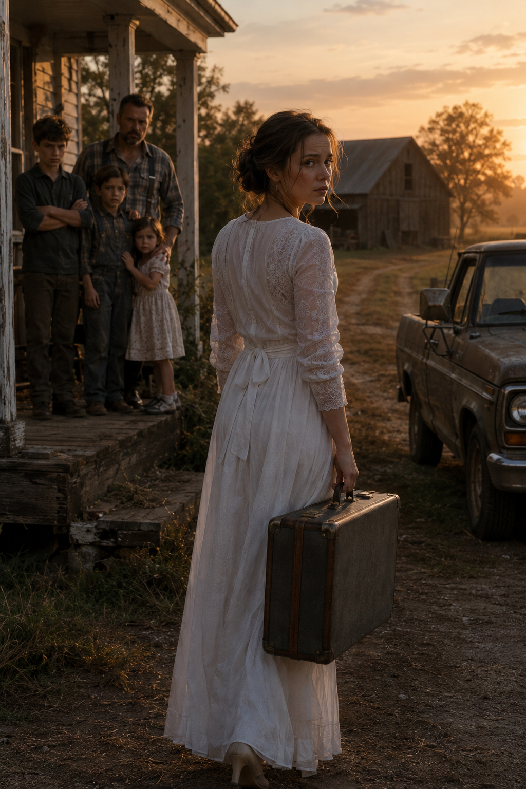 At 18 years old, I was put into a borrowed white dress and sent away to MARRY a 38-year-old widowed farmer with three children—a boy who hated me, another who refused my food, and a little girl still crying for her d.e.a.d mother every night. I thought I was being married off to save a broken family. Then I overheard my husband whisper, “I ONLY MARRIED HER BECAUSE THE KIDS NEEDED A WOMAN.” I packed my suitcase and left before sunrise… never knowing that my leaving was about to expose a secret my aunt had buried for years—and it would change everything I believed about why I was sent to that house.