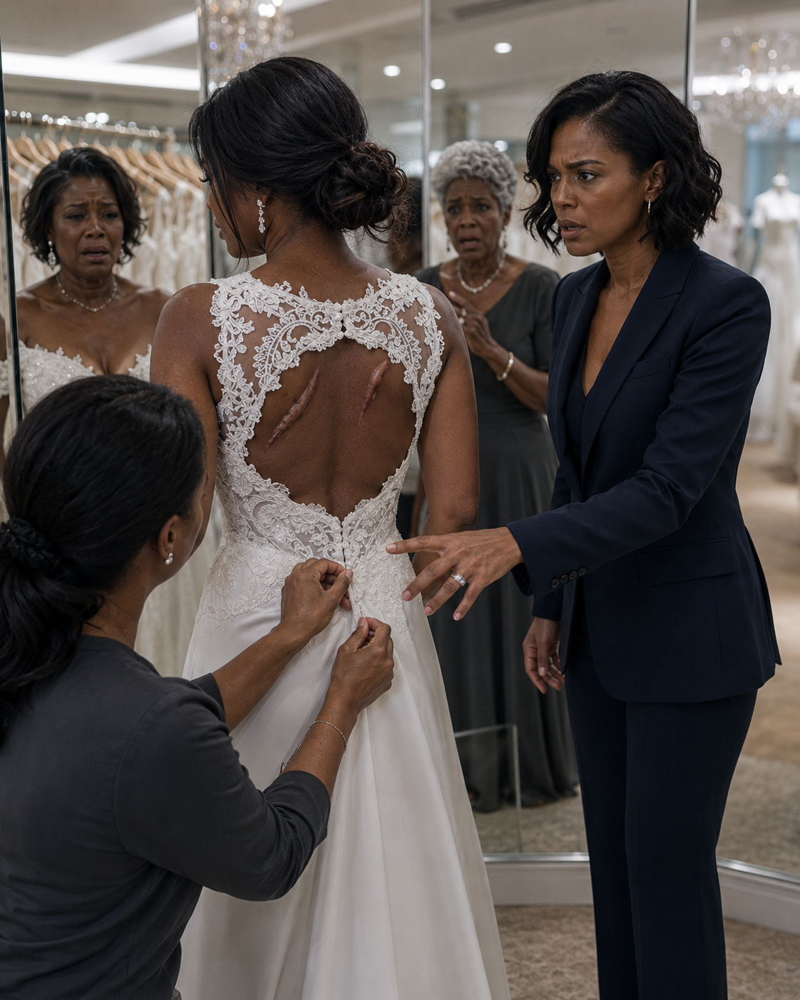 At the bridal shop, I saw fresh dark marks across my sister’s back. She whispered, “If I cancel, his father will ruin us.” I kissed her cheek and said, “Then we won’t cancel.” But by morning, the groom had no idea who was waiting at the aisle.