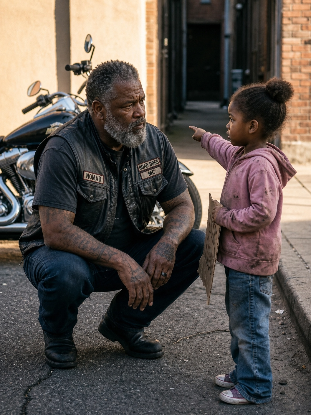 Part 2: A Biker Stopped for a 7-Year-Old Begging on a Corner — When He Asked Where Her Mom Was, She Pointed to the Alley
