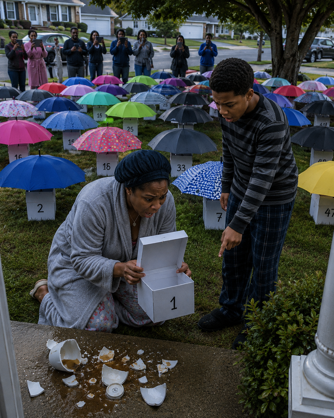My Son Gave His Umbrella to a Pregnant Stranger in the Rain – The Next Morning, 47 Umbrellas Appeared on Our Lawn, Each With a Numbered Box That Made My Heart Stop - Daily Stories