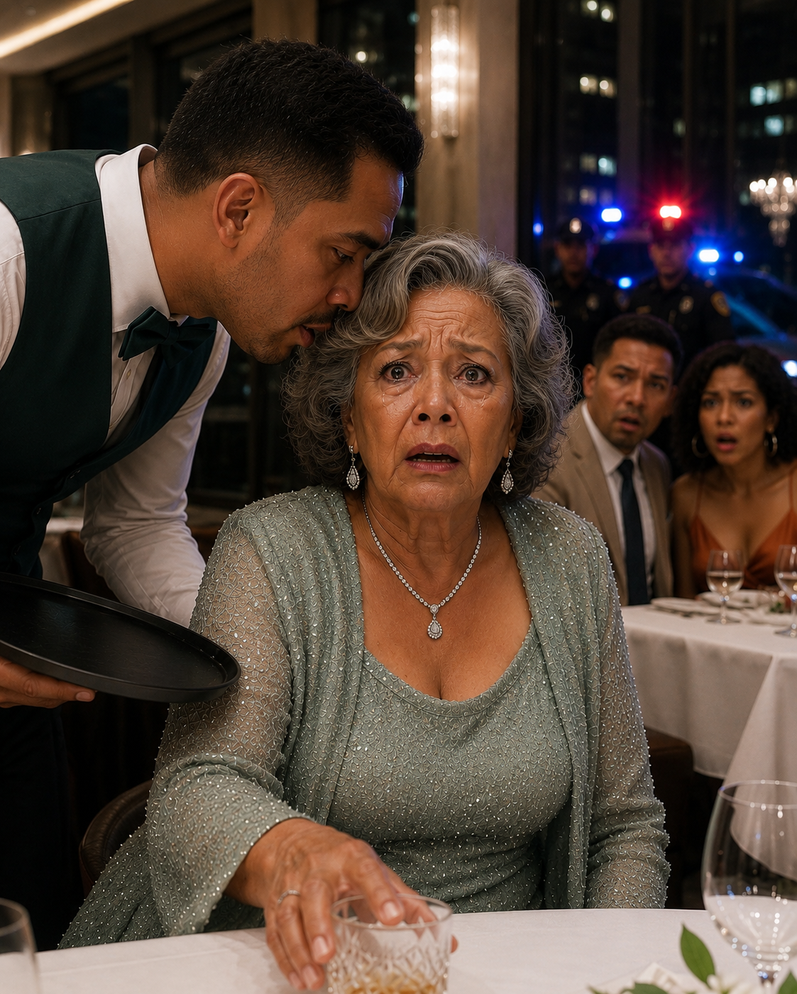 Cenaba en un restaurante elegante con mi hija y su esposo. Después de que se marcharon, el camarero se acercó, con la voz apenas audible, susurrando: «Señora… por favor, no beba lo que le pidieron».