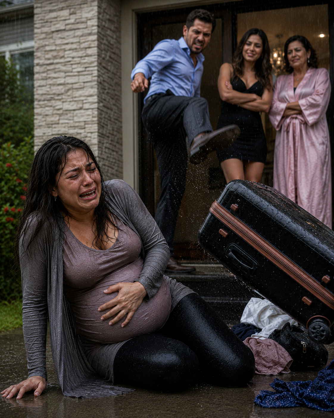 Mi marido me echó a la calle bajo la lluvia —con seis meses de embarazo— mientras su amante se reía a su lado. Su madre me escupió en la cara y dijo: «Nunca perteneciste a esta familia». Tomé el anillo de mi madre, marqué un número y susurré: «Papá… ven a buscarme. Y trae a los abogados». Quince minutos después, la calle estaba llena de todoterrenos negros, y el hombre que me había llamado «nada» finalmente descubrió quién era el dueño del mundo en el que había vivido.