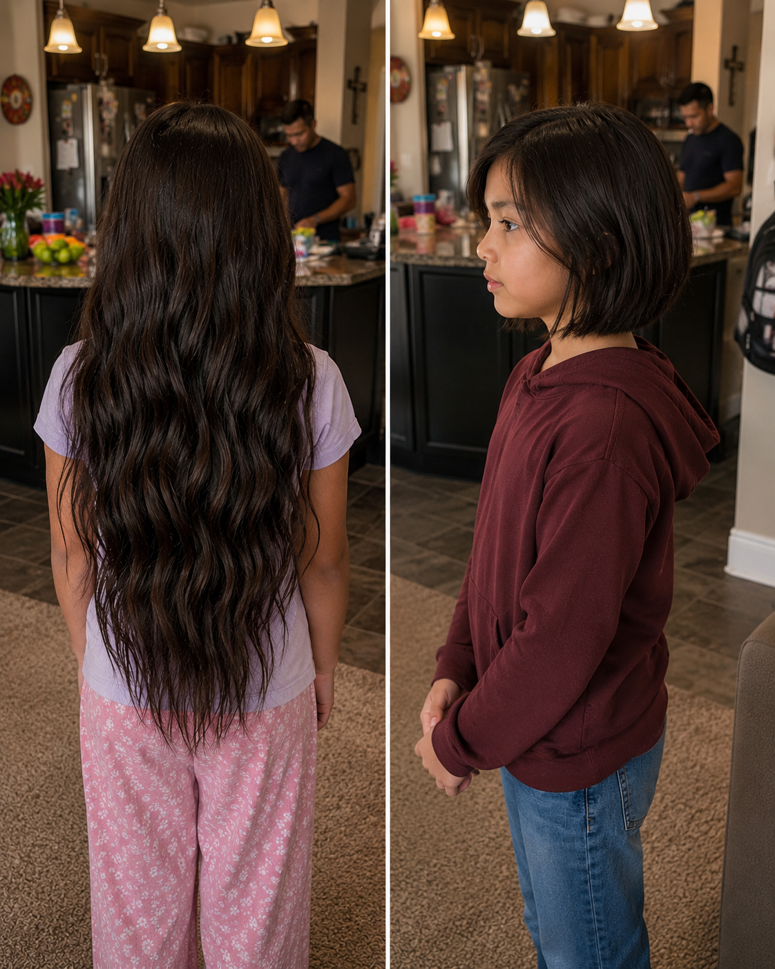 Mi hija de 10 años llegó a casa del colegio con el pelo cortado hasta la cintura: su explicación de cuatro palabras nos hizo llorar a los dos.