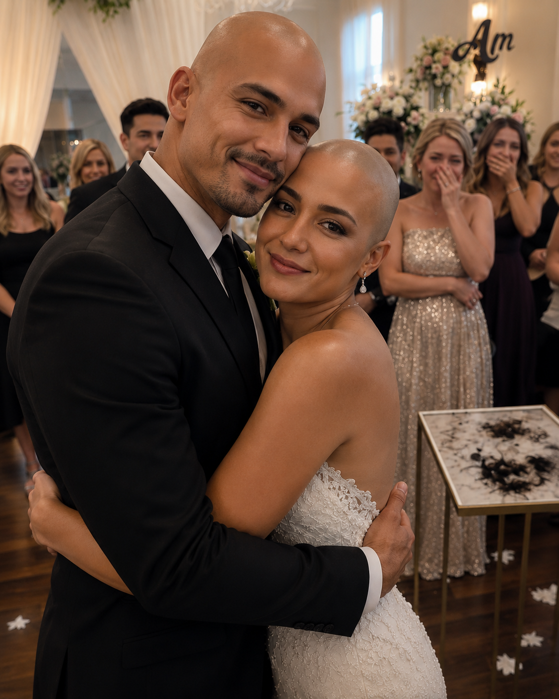 Mi esposo y yo nos rapamos la cabeza en medio de nuestra ceremonia de boda. Cuando revelé la verdadera razón durante mi brindis, nuestros invitados se quedaron en silencio, atónitos, antes de romper a llorar.