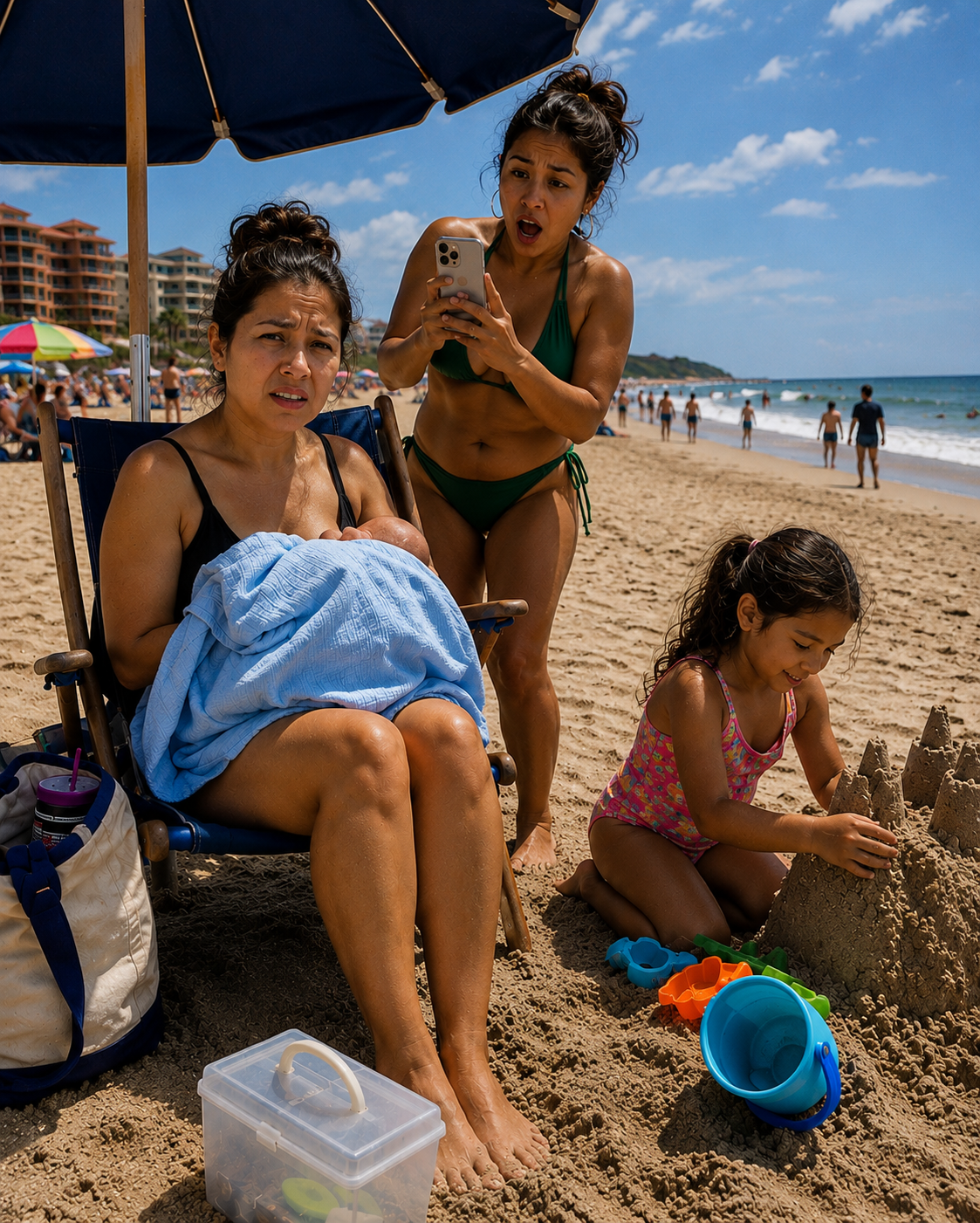 Una mujer empezó a grabarme mientras amamantaba a mi bebé en la playa; entonces mi hija de 8 años le hizo una pregunta que dejó a todos sin palabras.