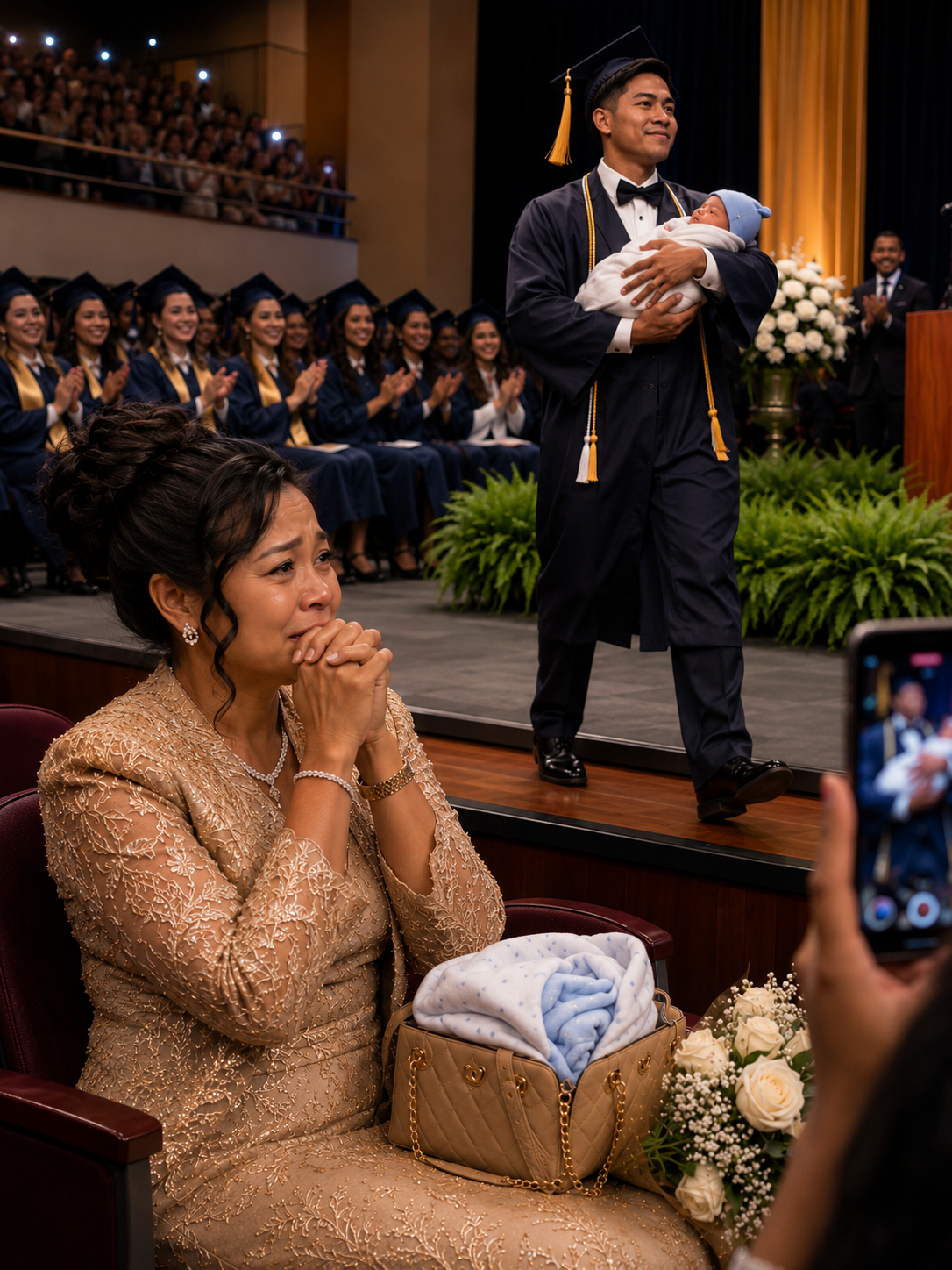 Tumawa Sila Nang Maglakad ang Anak Ko sa Graduation Stage Niya Habang Karga ang Isang Bagong Sanggol — Bumulong ang Isang Babae ng “Tulad ng Kanyang Ina”… Ngunit Ang Sunod Niyang Sinabi ay Nag-iwan ng Katahimikan sa Buong Silid