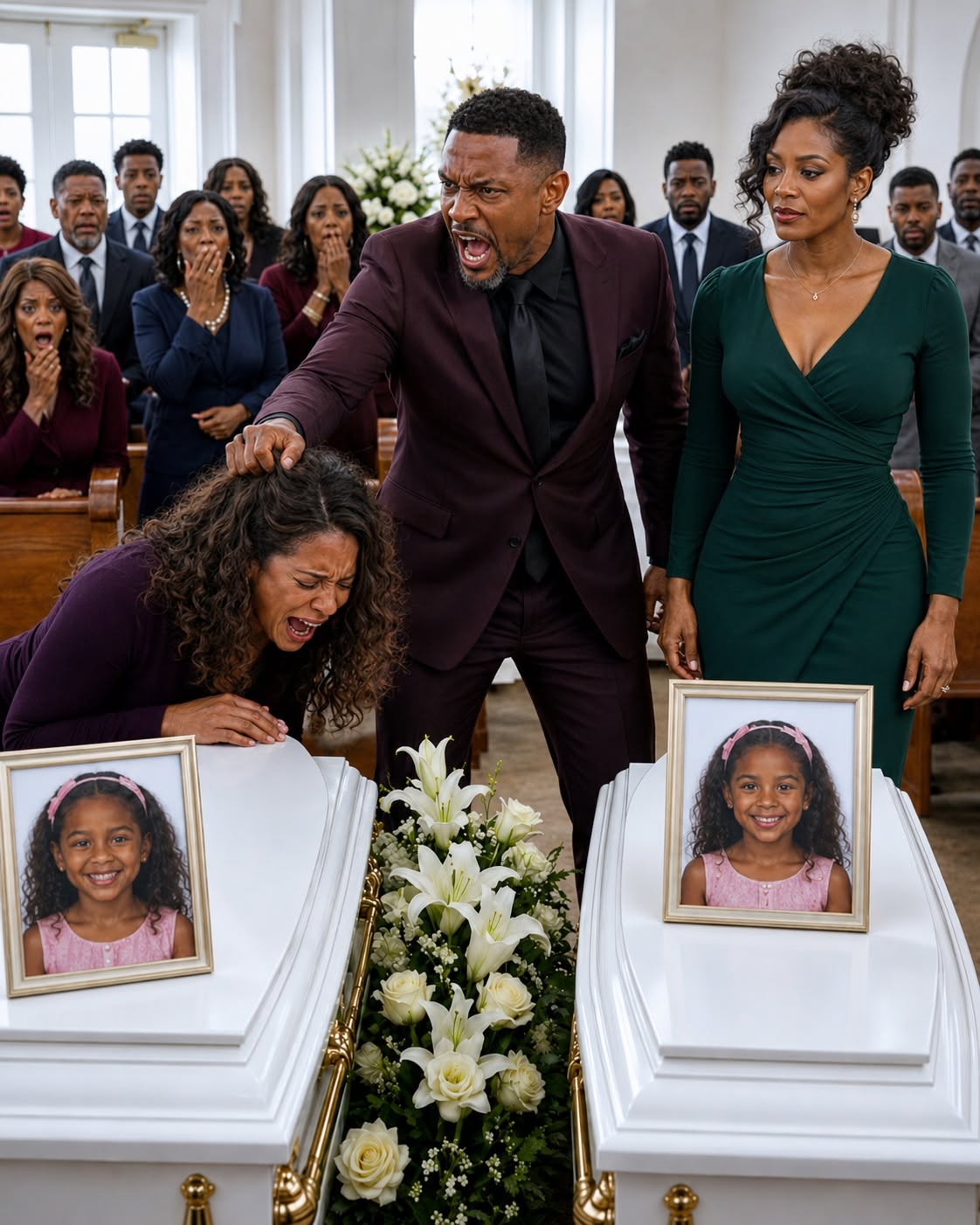 At my twins’ funeral, with their tiny coffins before me, my husband arrived beside his mistress and hissed, “God took them because He knew what kind of mother you were.” When I begged, “Please—just be quiet today,” he slapped me, slammed my head against a coffin, and whispered, “Speak again, and you’ll join them.” Then detectives entered with traffic footage proving they had staged the crash for insurance money—and arrested them beside our children’s graves.