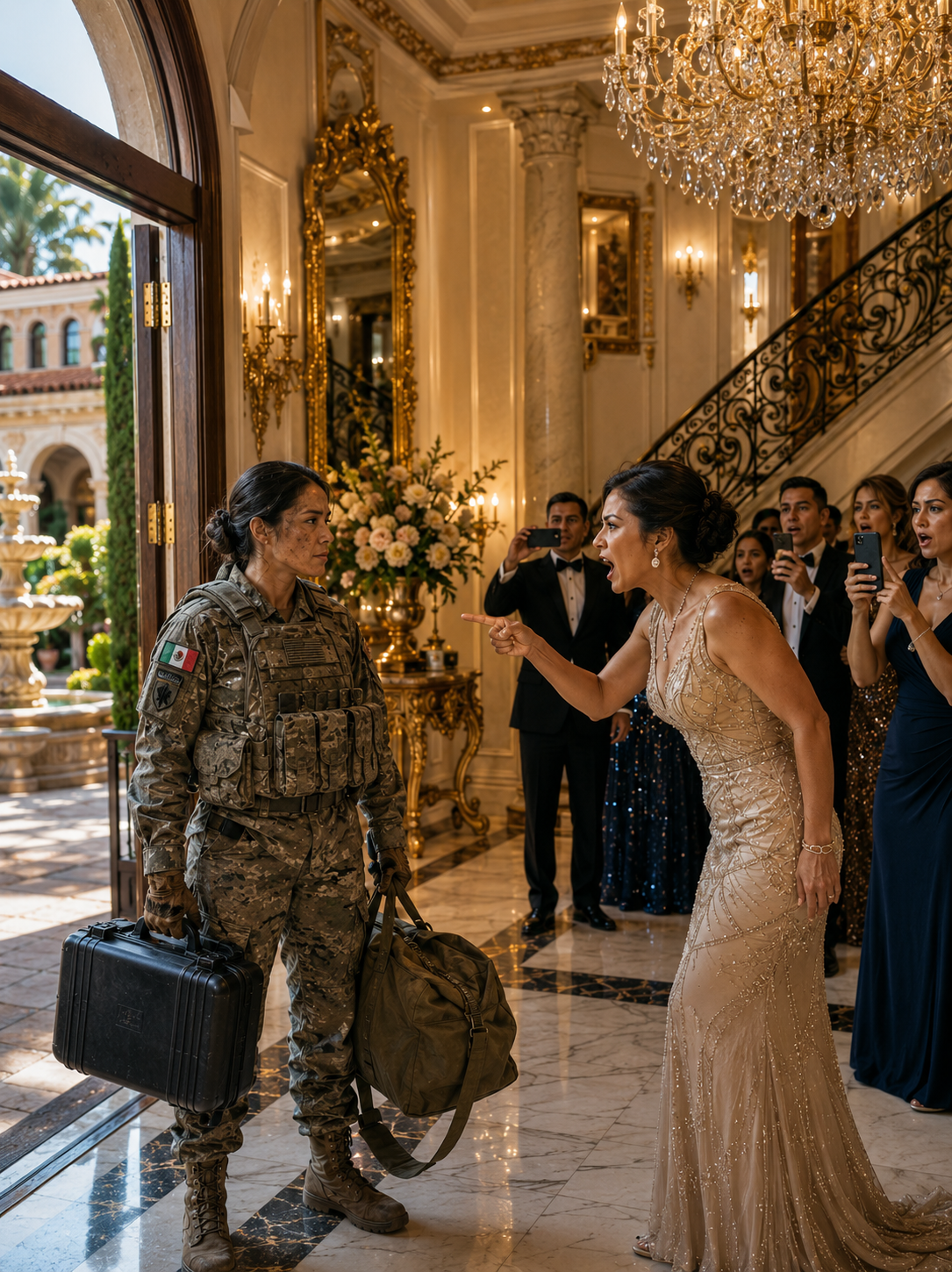 ENTRÉ AL GALA BENÉFICO DE MI FAMILIA TODAVÍA VESTIDA CON EL EQUIPO POLVORIENTO DE UNA MISIÓN CLASIFICADA. MI HERMANA ME AGARRÓ DEL BRAZO Y SUSURRÓ: “SACA ESE UNIFORME ASQUEROSO DE AQUÍ”. LUEGO SU PROMETIDO ME ENTREGÓ UNA CARPETA Y DIJO: “FIRMA ESTO ANTES DE EMPEORAR LAS COSAS”. Con esa firma renunciaría al fondo restringido para veteranos que había creado mi madre. Creían que el agotamiento me hacía vulnerable. No sabían que agentes federales ya estaban vigilando el salón de baile.