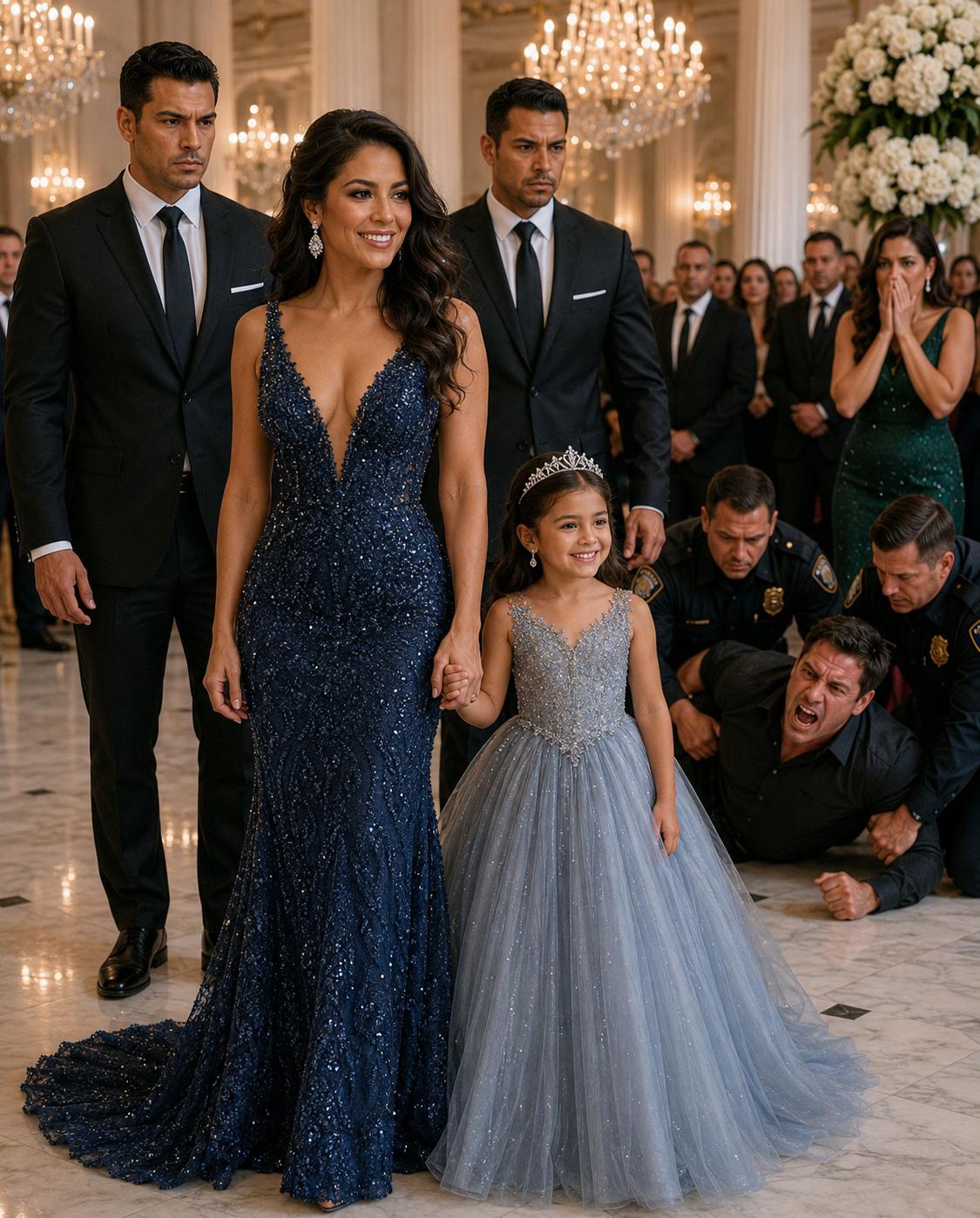 Parte completa: Llevé a mi hijita a sorprender a mi marido en la gala de su empresa. Antes incluso de llegar a los ascensores, su secretaria sonrió fríamente y dijo: «Su esposa y su hijo nos esperan arriba». Le tapé los oídos a mi hija en silencio, llamé a mi tercer hermano y di una orden que cambió la vida de todos en ese edificio: «Llévenselo todo».