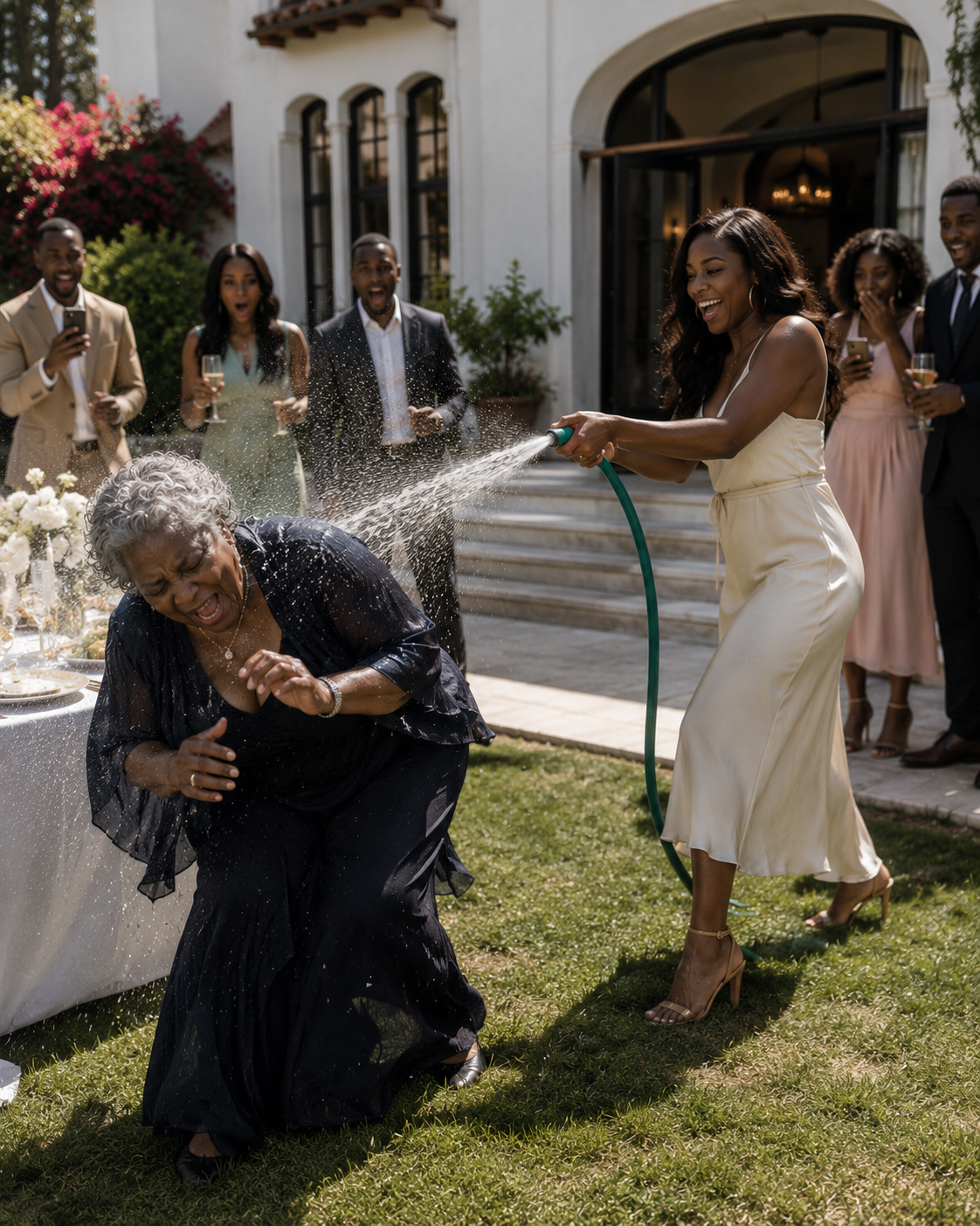 At my son’s engagement party, his fiancée bathed me with a hose in front of 30 guests and mocked me: “Beggers don’t get married here.” I just clutched my shopping bag against my chest, letting my phone keep recording, waiting for her to discover who she really was.
