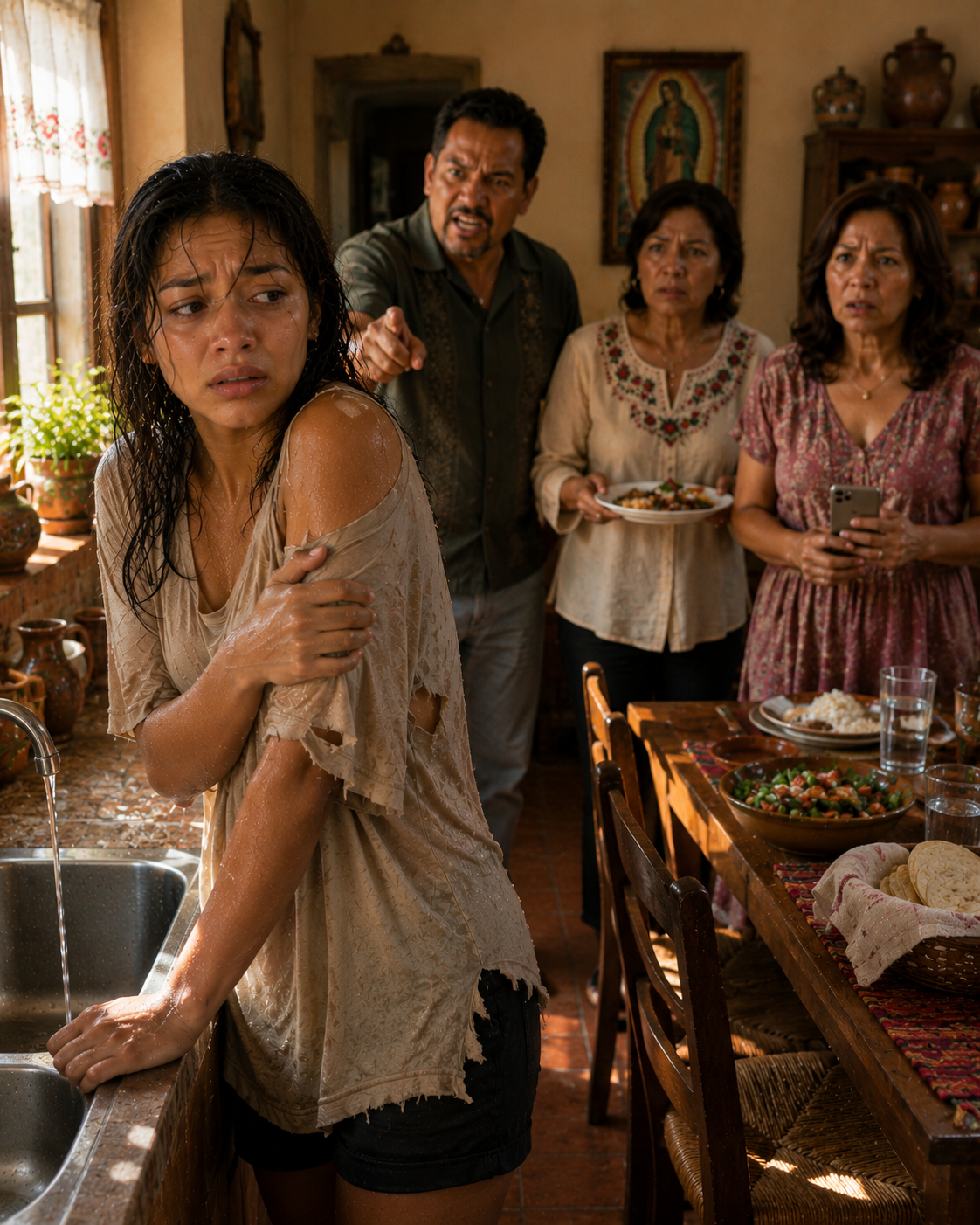 Visité a mi hija sin avisar y ¡me quedé atónita! Su suegra y su marido estaban sentados comiendo mientras ella lavaba los platos, temblando de frío.