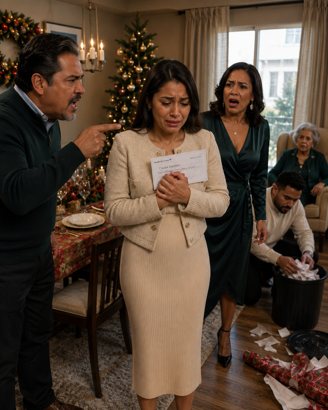 En la cena de Navidad, la abuela le entregó a cada miembro de la familia un cheque de cinco millones de dólares, pero todos se rieron como si fuera una broma cruel.