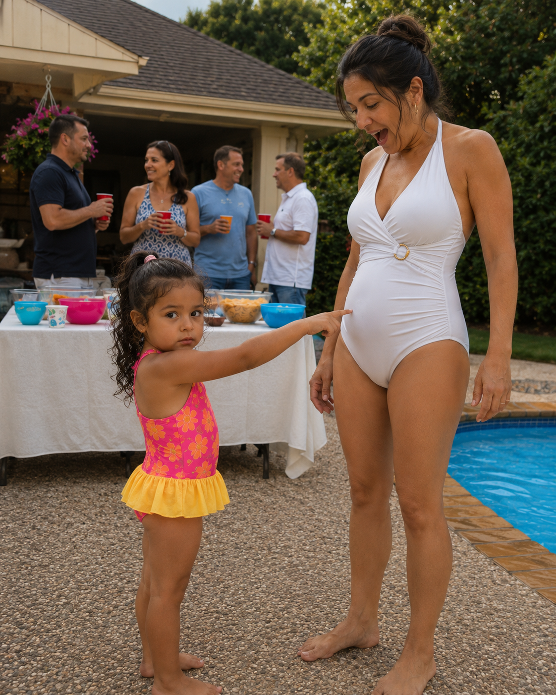 En la fiesta de cumpleaños de mi hija en la piscina, señaló la barriga de mi madrastra y dijo: «Papá está ahí dentro». Me reí hasta que vi a qué señalaba realmente.