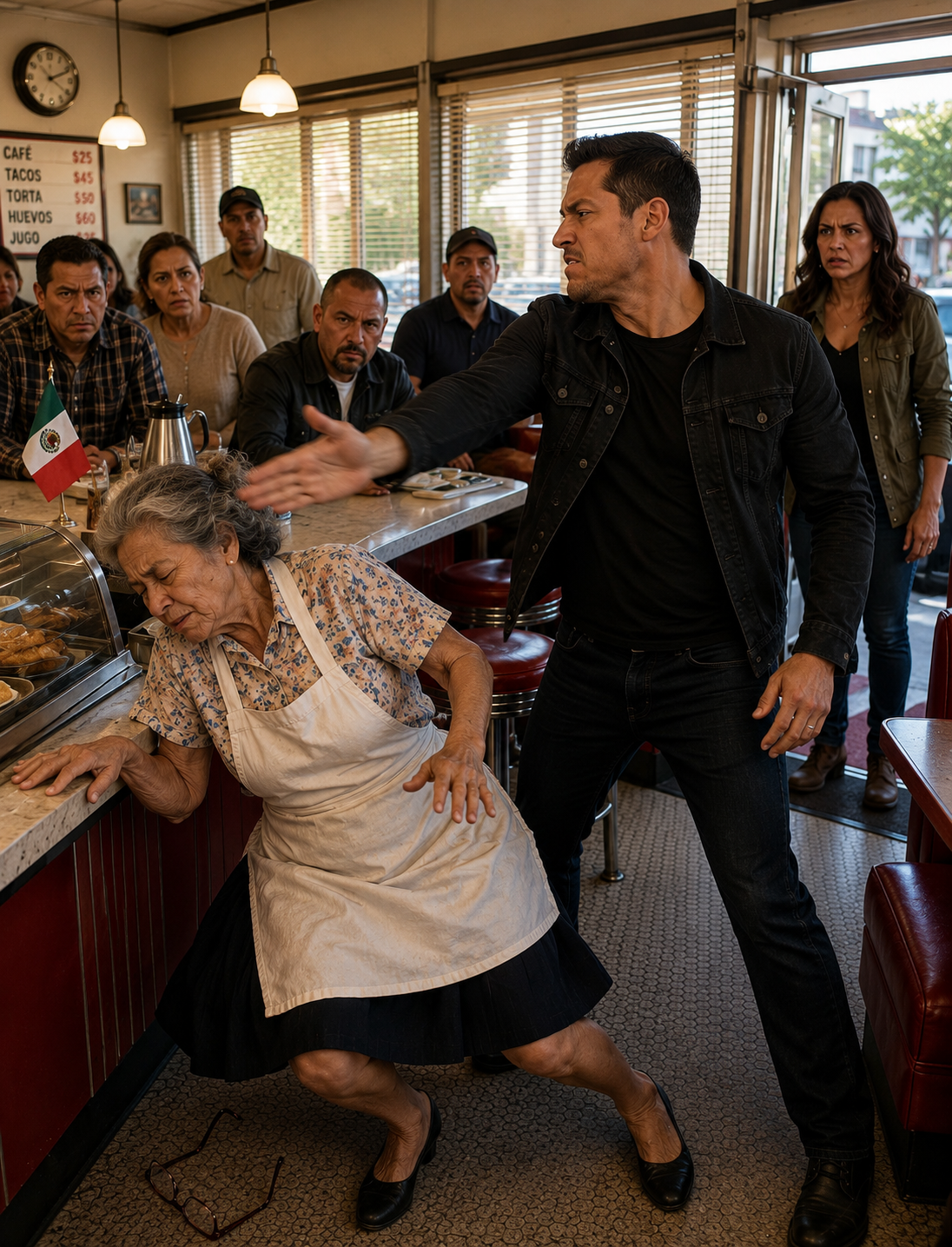 Cuando un matón agredió a mi madre de 75 años en su restaurante de Carolina del Norte y le advirtió que podía hacer lo que quisiera, los clientes habituales bajaron la mirada y el sheriff lo catalogó como una caída. Regresé a casa en silencio, guardé el video que él creía incompleto y esperé junto al mostrador, hasta que dos camionetas negras se detuvieron afuera y un oficial entró haciendo uso de un rango que nadie sabía que yo tenía.