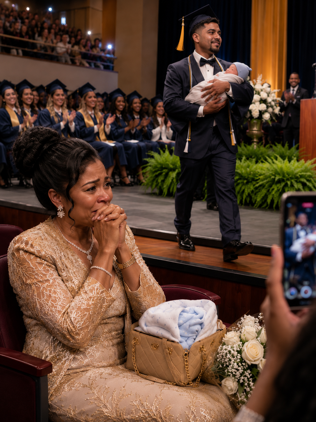 Se rieron cuando mi hijo cruzó el escenario de su graduación con un recién nacido en brazos; una mujer susurró: "Igual que su madre"... Pero lo que dijo a continuación dejó a toda la sala en silencio.