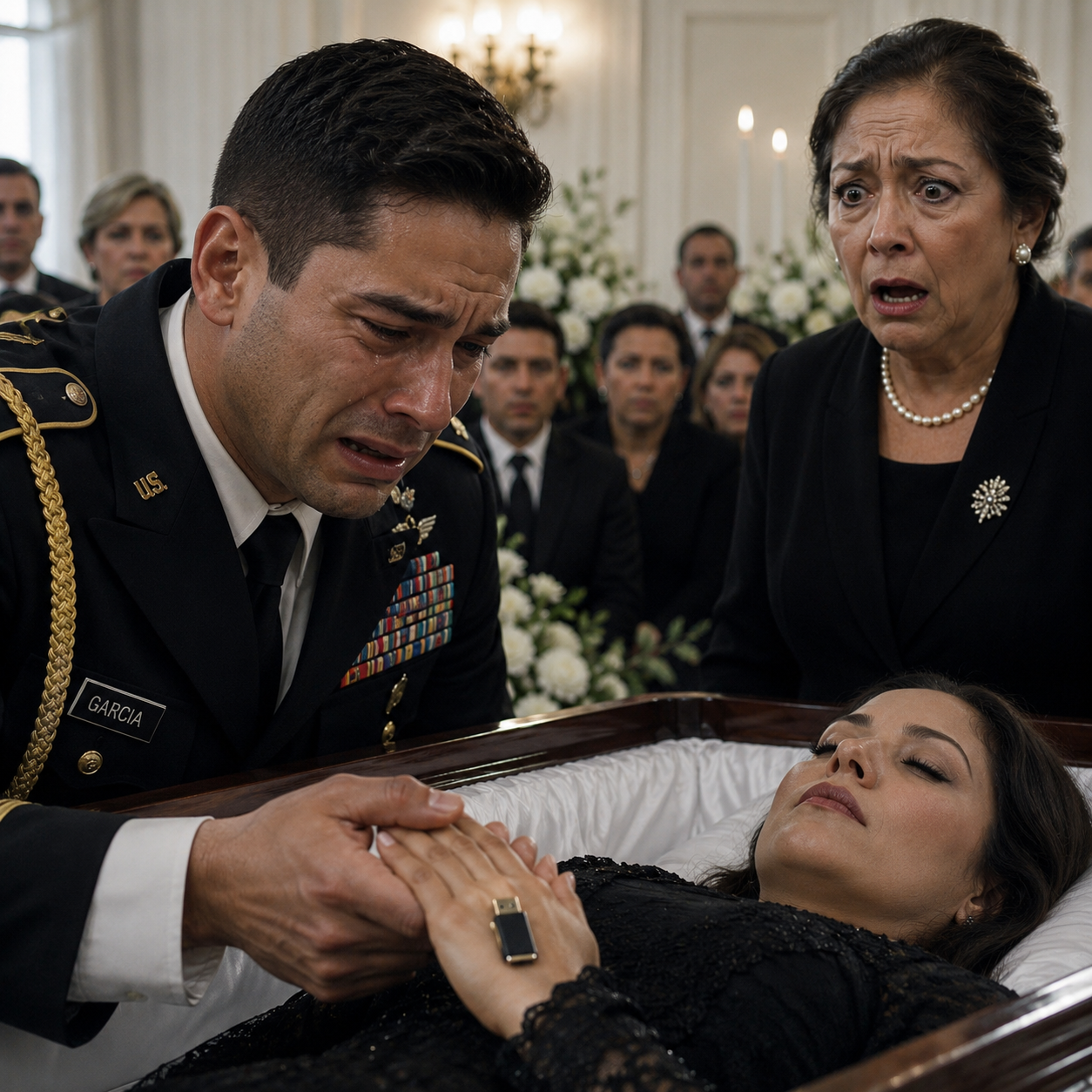 Regresé a casa del servicio militar, esperando ver la sonrisa de mi esposa. En su lugar, encontré un ataúd en medio de la sala. “Murió en el parto…”, dijo mi madre con una voz fría que me provocó escalofríos. Me acerqué, temblando, para verla por última vez… y entonces me di cuenta. La mano rígida de mi esposa todavía sujetaba algo. Y mi madre se puso pálida cuando intenté separar sus dedos.