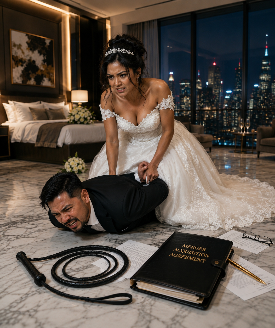En nuestra noche de bodas, mi esposo sonrió con sorna, empuñando un látigo de cuero y un poder notarial falsificado. «De ahora en adelante, obedecerás todas mis reglas», dijo, seguro de haberse casado con una mujer indefensa a la que podría encerrar fácilmente. Con calma, me quité los tacones y me puse en guardia. Lo que él no sabía era que la aterrorizada y provinciana chica con la que creía haberse casado nunca había existido.