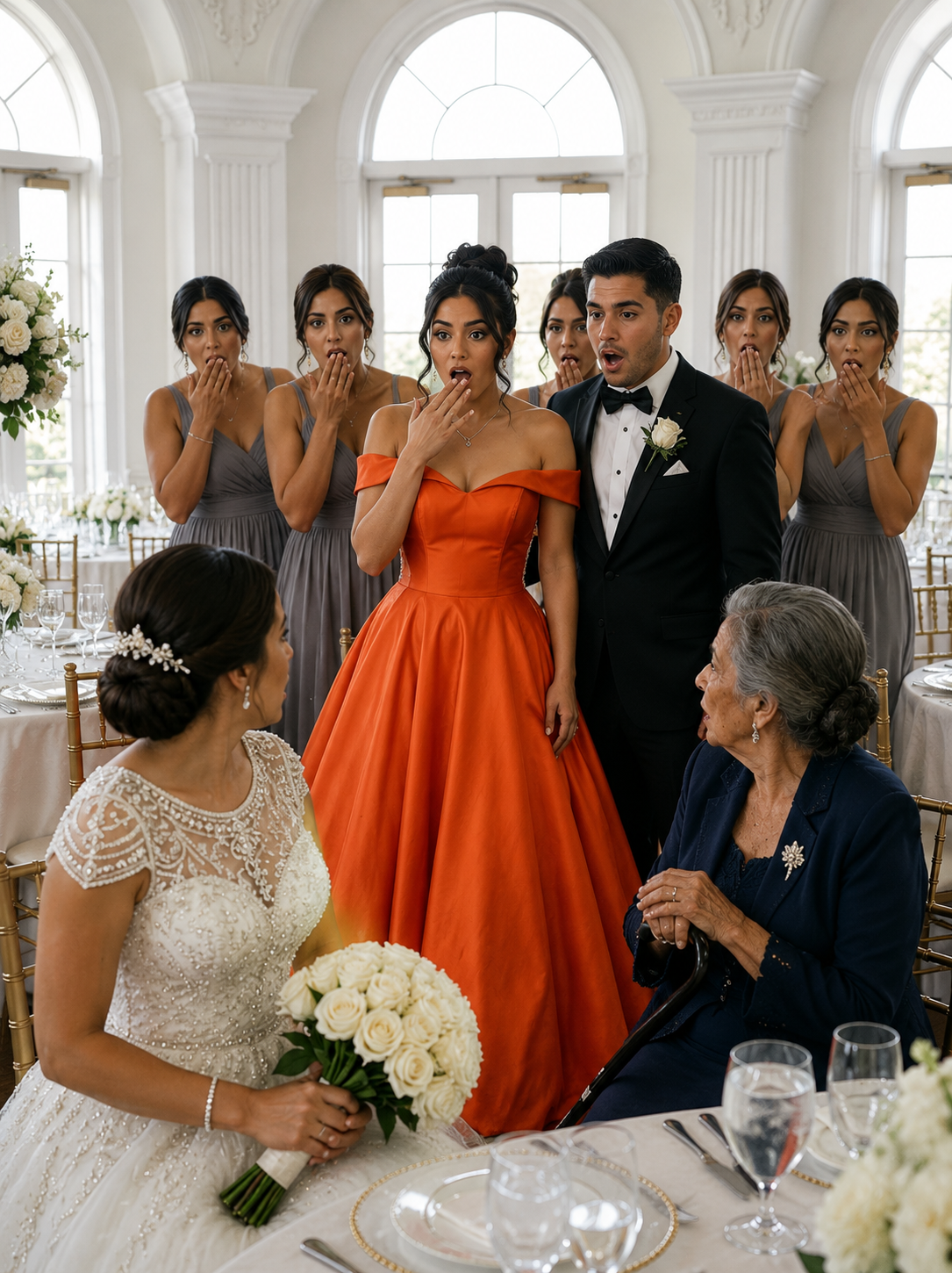 Mi hermana obligó a todas las damas de honor a vestir de seda color lavanda; luego me entregó un vestido naranja neón talla 2XL y les dijo a sus suegros multimillonarios que yo era una «veterana inestable». Pero en la recepción, la abuela del novio se sentó a mi lado y formuló una pregunta que arruinó la boda perfecta de Sloan.