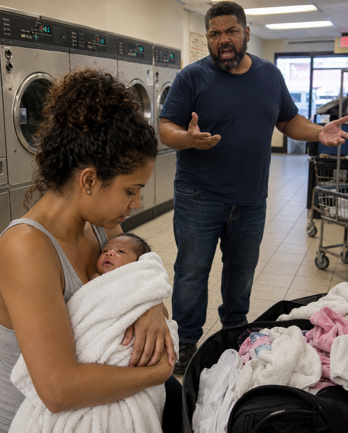 A MAN SHAMED A YOUNG MOTHER FOR CHANGING HER NEWBORN IN A LAUNDROMAT—THEN AN ELDERLY WOMAN REALIZED WHO SHE WAS REALLY HIDING FROM