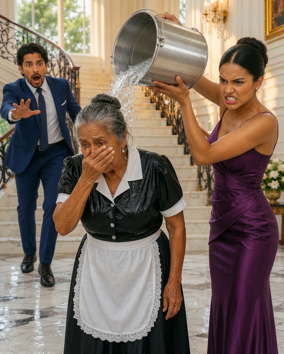 Me disfracé de ama de llaves para poner a prueba a la prometida de mi hijo antes de la boda. En cuanto vio mi uniforme desgastado, se burló: «Tienes un aspecto repugnante. Alguien tiene que lavarte esta mugre». Luego me arrojó un cubo de agua sucia por encima de la cabeza y se rió. Con calma, me limpié la cara, pulsé la grabadora oculta en mi bolsillo y llamé a mi hijo para que bajara…