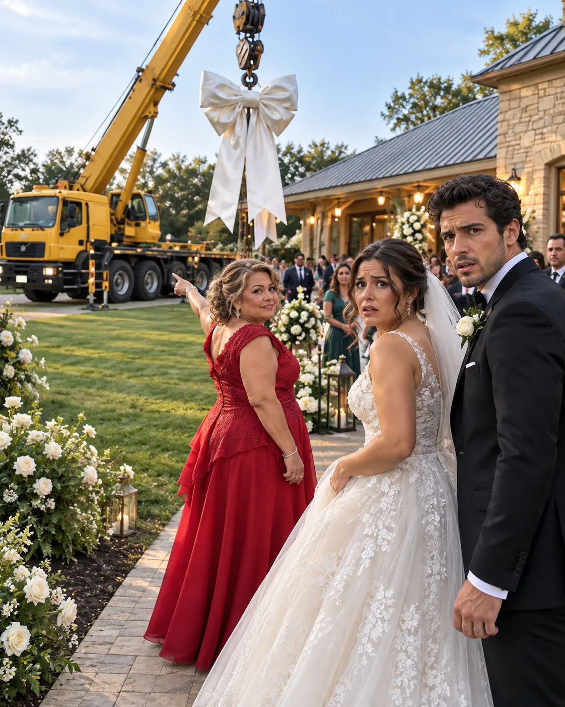 MI FUTURA SUEGRA ALQUILÓ UNA GRÚA PARA NUESTRA BODA Y LE DIJO A MI PROMETIDO: «VAS A NECESITAR AYUDA PARA CARGARLA» — LO QUE ÉL HIZO DESPUÉS LA DEJÓ CON LA BOCA ABIERTA