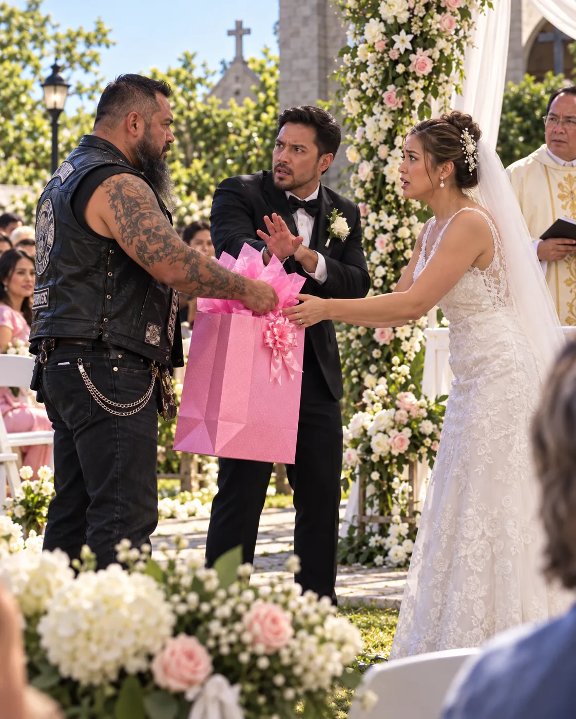 ISANG HIGANTENG BIKER ANG SUMULPOT SA KASAL NG ANAK KO—PERO NANG BUKSAN NIYA ANG PINK NA BAG, BIGLANG SINIGAW NG GROOM: “HUWAG!”