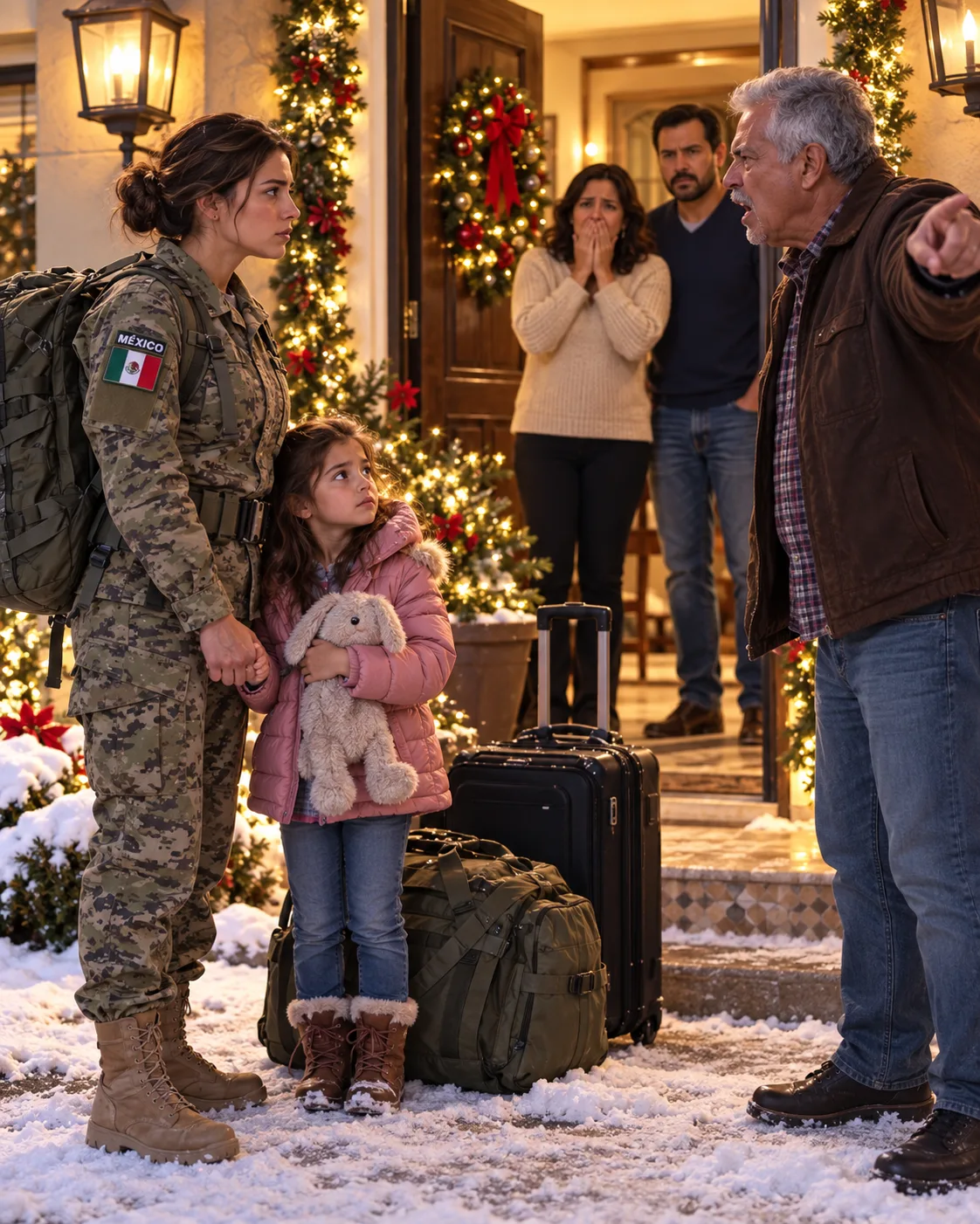 EN LA CENA DE NAVIDAD, MI PADRE ARROJÓ MIS BOLSAS MILITARES A LA NIEVE Y DIJO: «LLÉVATE A TU HIJA Y VETE» — TRES DÍAS DESPUÉS, UN ABOGADO LLAMÓ A SU PUERTA