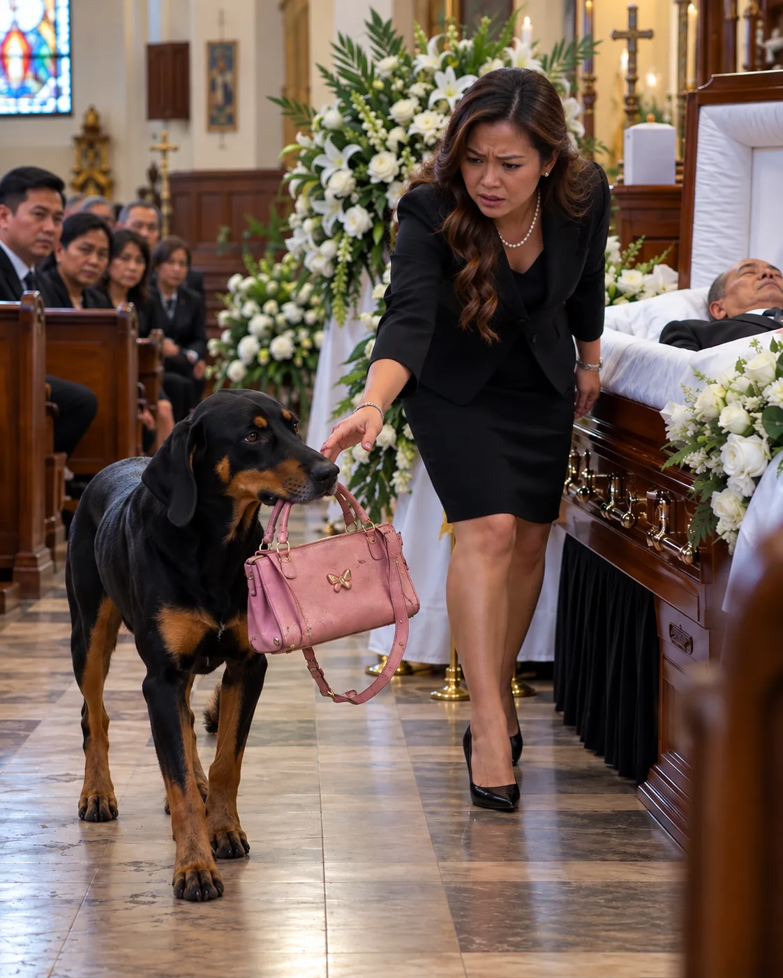 AYAW PAPASUKIN NG KAPATID KO ANG DOBERMAN NI DAD SA FUNERAL—PERO DUMATING ITO MAY DALANG LUMANG PINK NA PURSE NA IKINAPUTLA NIYA