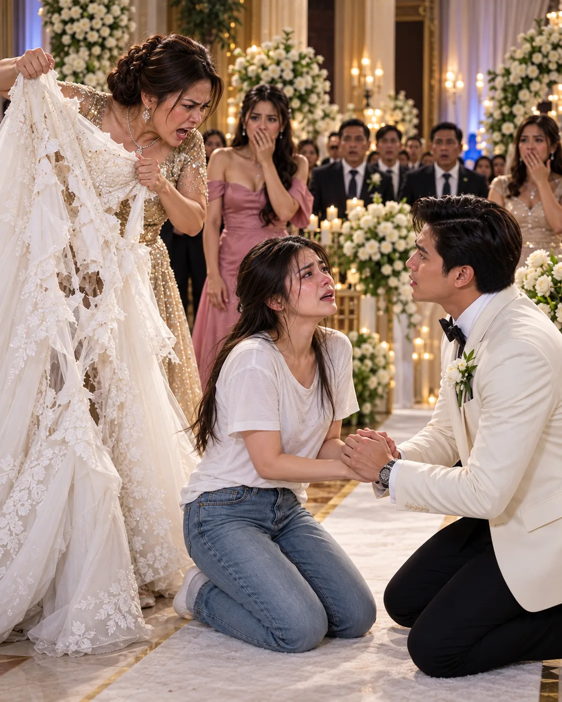 SINIRA NG MADRASTA KO ANG MAMAHALING WEDDING GOWN KO 30 MINUTO BAGO ANG KASAL—PERO NANG MAGLAKAD AKO SA ALTAR NA NAKASUOT NG LUMANG T-SHIRT, ISANG GINAWA NG BILYONARYO KONG GROOM ANG NAGPATAHIMIK SA LAHAT!