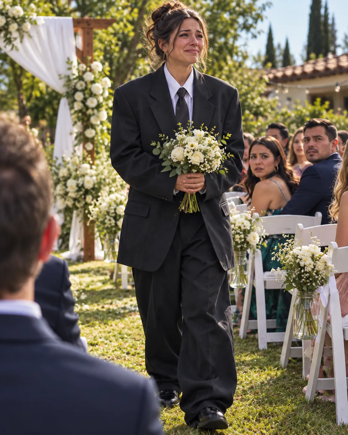 MI PROMETIDA CAMINÓ HACIA EL ALTAR CON UN VIEJO TRAJE DE HOMBRE ENORME — ME SENTÍ HUMILLADO HASTA QUE DOBLÓ LA MANGA Y VI EL NOMBRE COSIDO EN EL INTERIOR