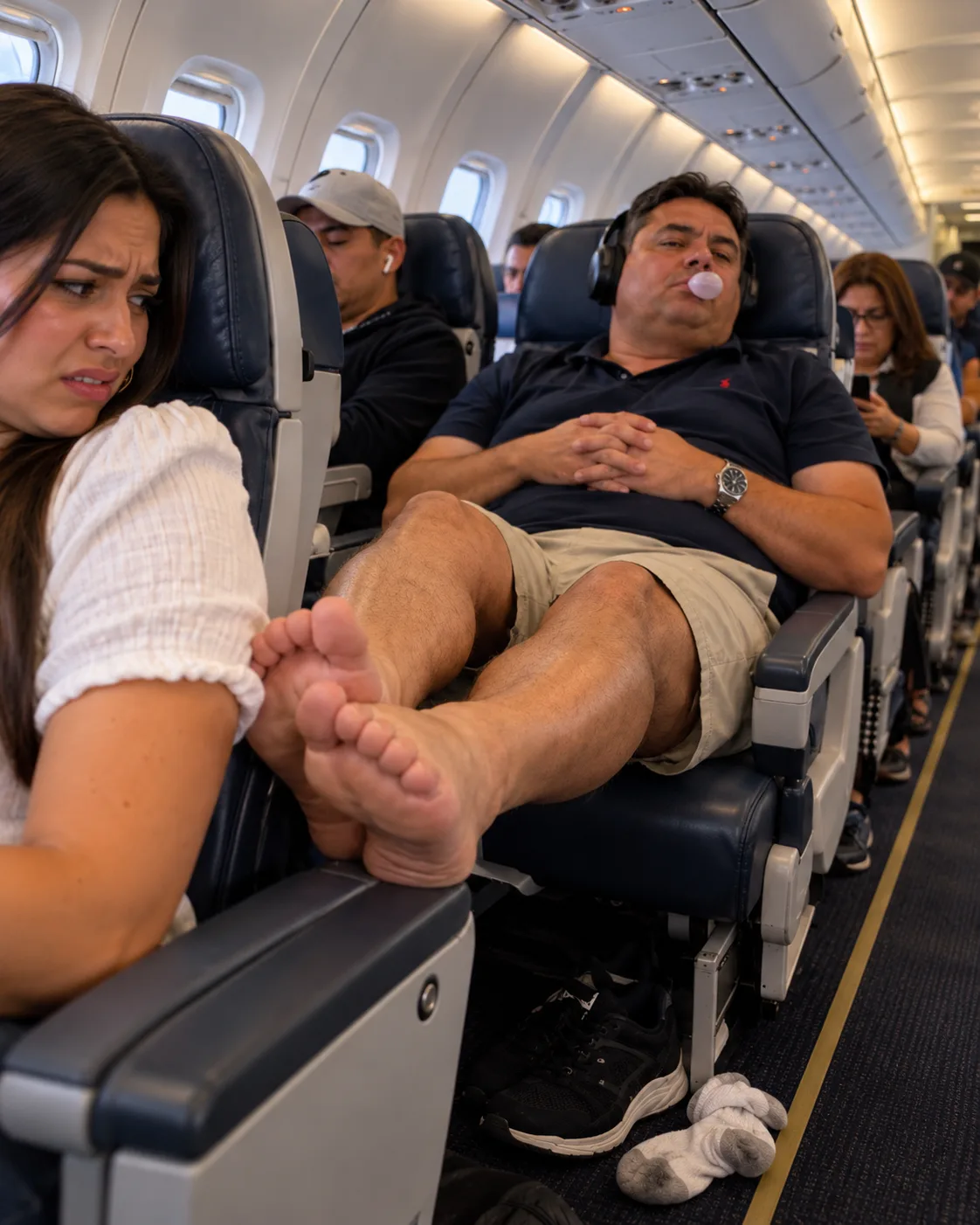 UN HOMBRE PUSO SU PIE DESCALZO SOBRE MI REPOSABRAZOS EN PLENO VUELO. SE BURLÓ CUANDO LE PEDÍ QUE LO QUITARA, PERO CUARENTA MINUTOS DESPUÉS TODO EL PASILLO SE REÍA DE ÉL.