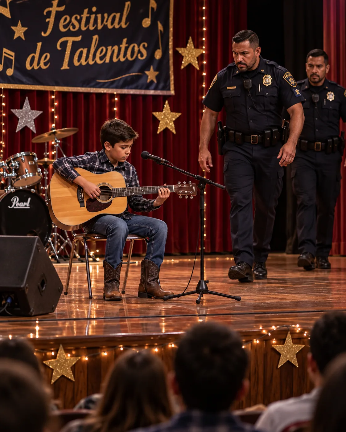 DOS POLICÍAS SUBIERON AL ESCENARIO MIENTRAS MI HIJO DE 12 AÑOS CANTABA PARA SU PADRE FALLECIDO. PENSÉ QUE ALGO TERRIBLE HABÍA OCURRIDO, PERO CUANDO DESCUBRÍ POR QUÉ ESTABAN ALLÍ, ME QUEDÉ SIN PALABRAS.