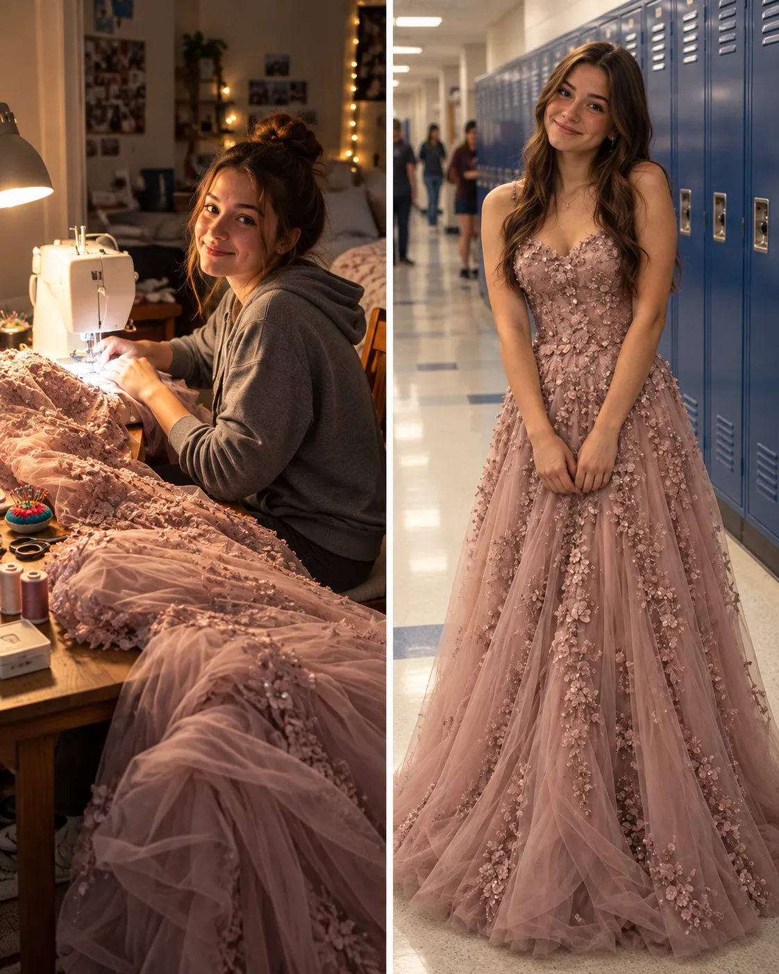 MI HIJA DE 16 AÑOS PASÓ TODA LA NOCHE COSIENDO UN VESTIDO PARA UNA COMPAÑERA — A LA MAÑANA SIGUIENTE, LA MADRE DE LA CHICA ME PREGUNTÓ: «¿DE VERDAD NO SABES POR QUÉ LO HIZO?»