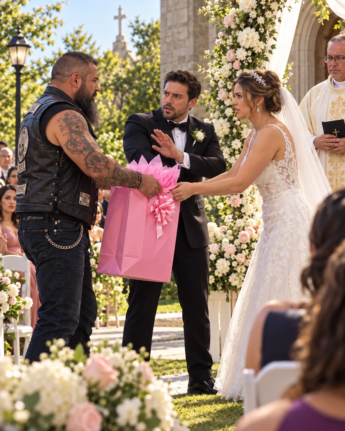 UN MOTOCICLISTA ENORME QUE JAMÁS HABÍA VISTO APARECIÓ EN LA BODA DE MI HIJA CON UNA BOLSA ROSA — LUEGO SE LA ENTREGÓ Y DIJO: «ADENTRO ESTÁ LO QUE REALMENTE QUERÍAS»