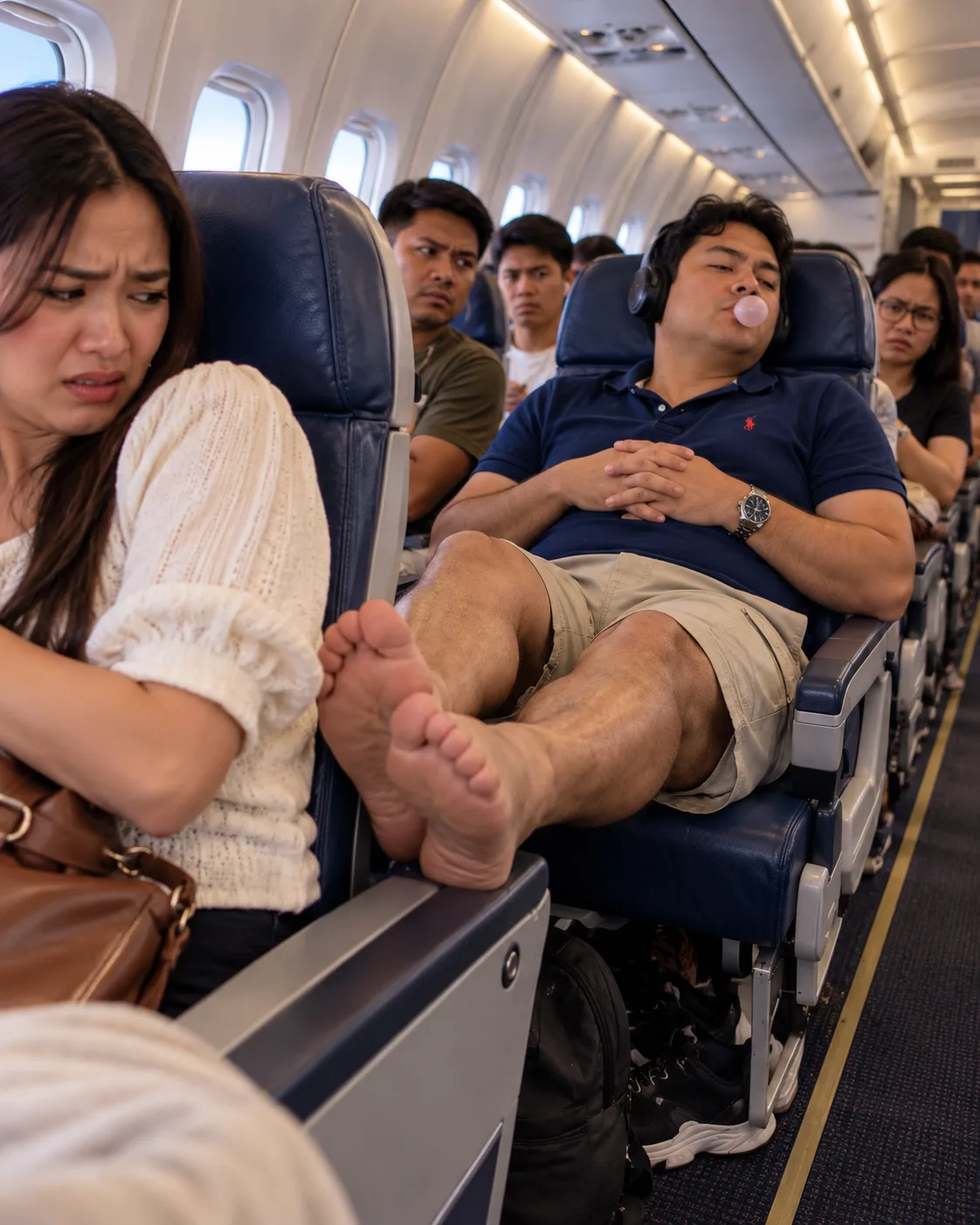 MAY LALAKI SA LIKOD KO NA IPINATONG ANG MABAHO NIYANG HUBAD NA PAA SA ARMREST KO SA EROPLANO. DALAWANG BESES KO SIYANG PINAKIUSAPANG ALISIN IYON, PERO TINAWANAN LANG NIYA AKO. HINDI AKO SUMIGAW. NAGHINTAY LANG AKONG MAKATULOG SIYA… AT FORTY MINUTES LATER, HALOS BUONG AISLE ANG TUMATAWA SA KANYA.