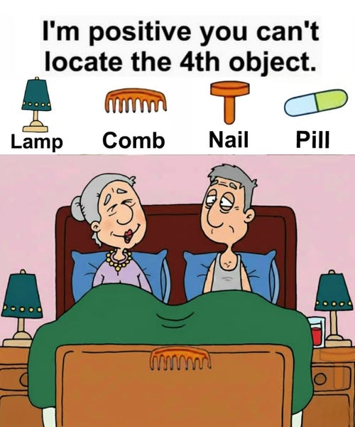 Find Lamp, Comb, Nail, Pill.