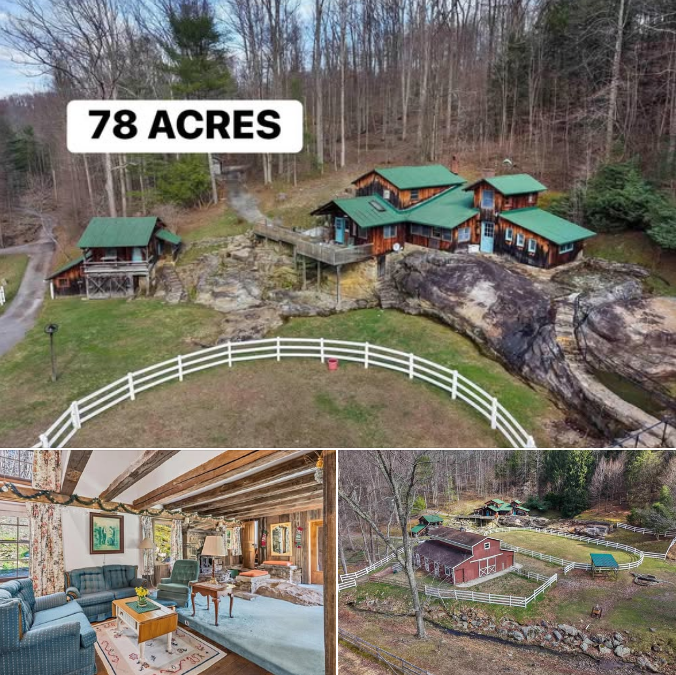 78 Acres Rock Home with Guest House, Barns & Ponds – A One-of-a-Kind