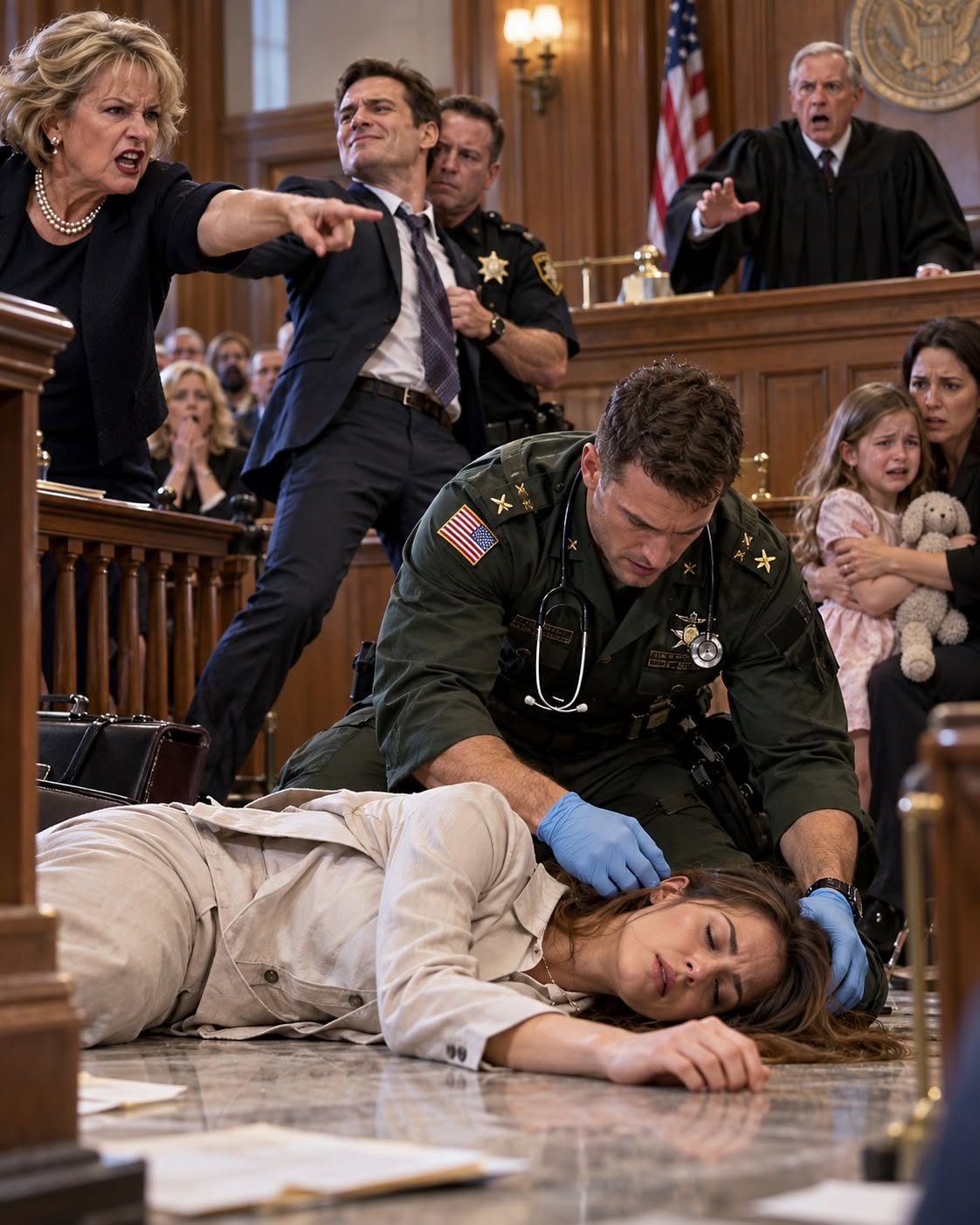 My mother-in-law pointed at me in court and said, “She’s faking it.” My husband smirked, telling the judge I did this every time. Everyone seemed ready to believe them, until my legs suddenly gave out and a military doctor rushed forward, shouting for someone to call 911.