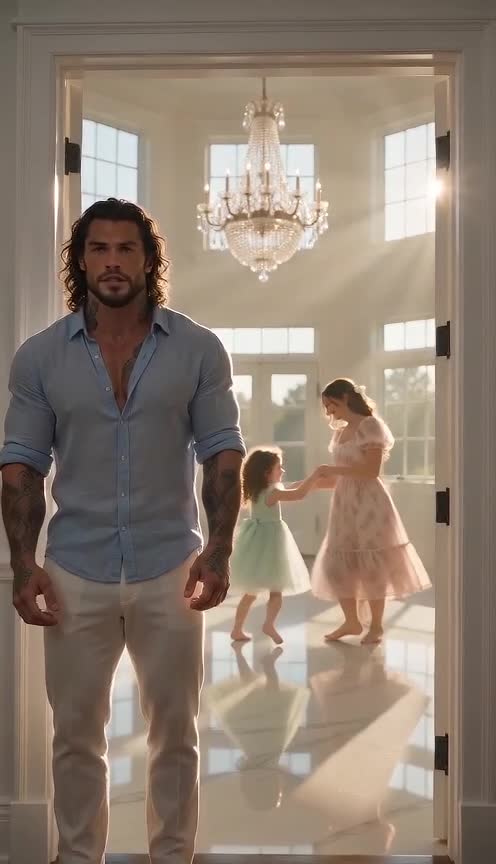 The Tattooed Man at the Door Watching a Family Moment He Never Expected